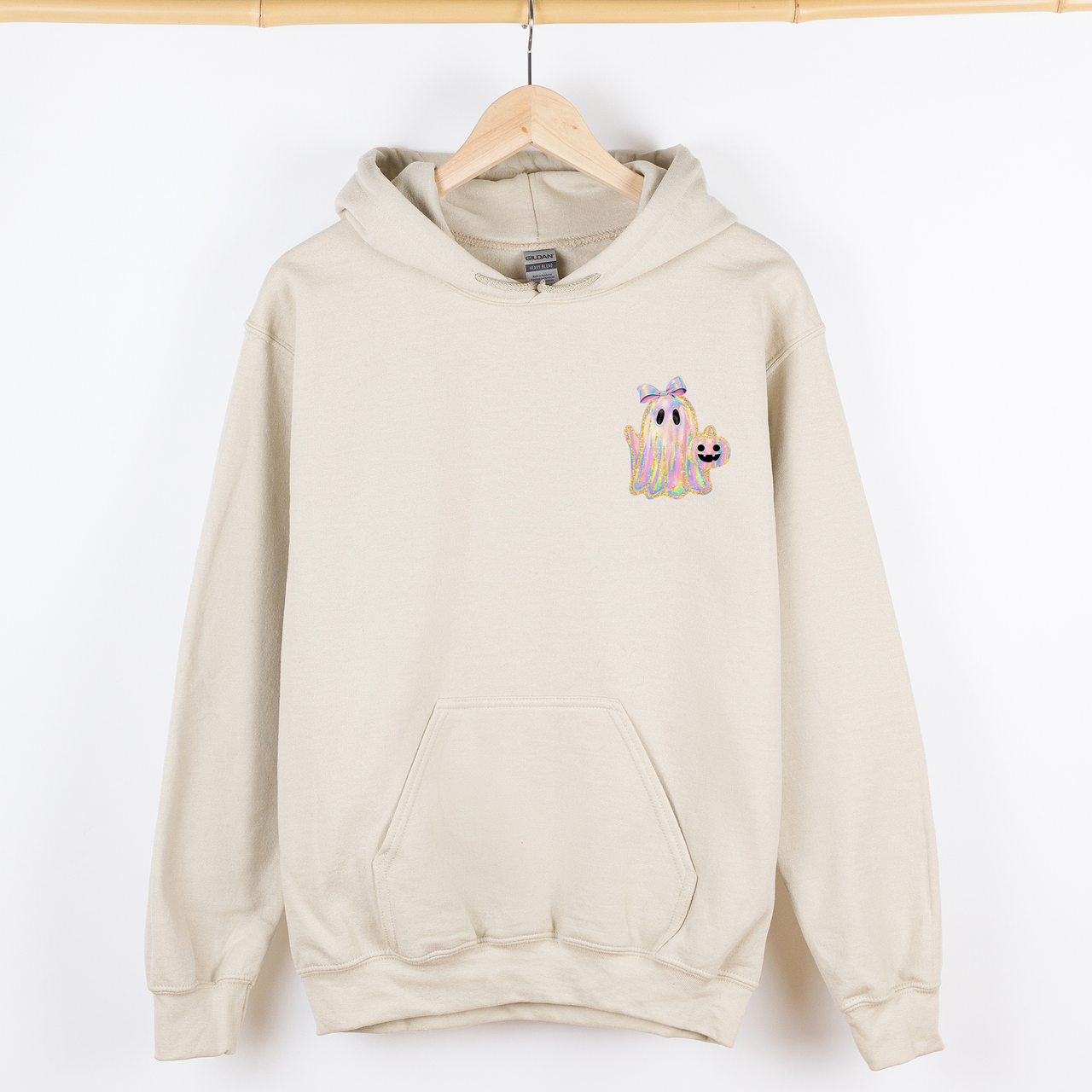 Cute Ghost Coquette Ribbon Faux Glitter Halloween Vintage Inspired Cozy Nighttime Charm Pocket Hoodie