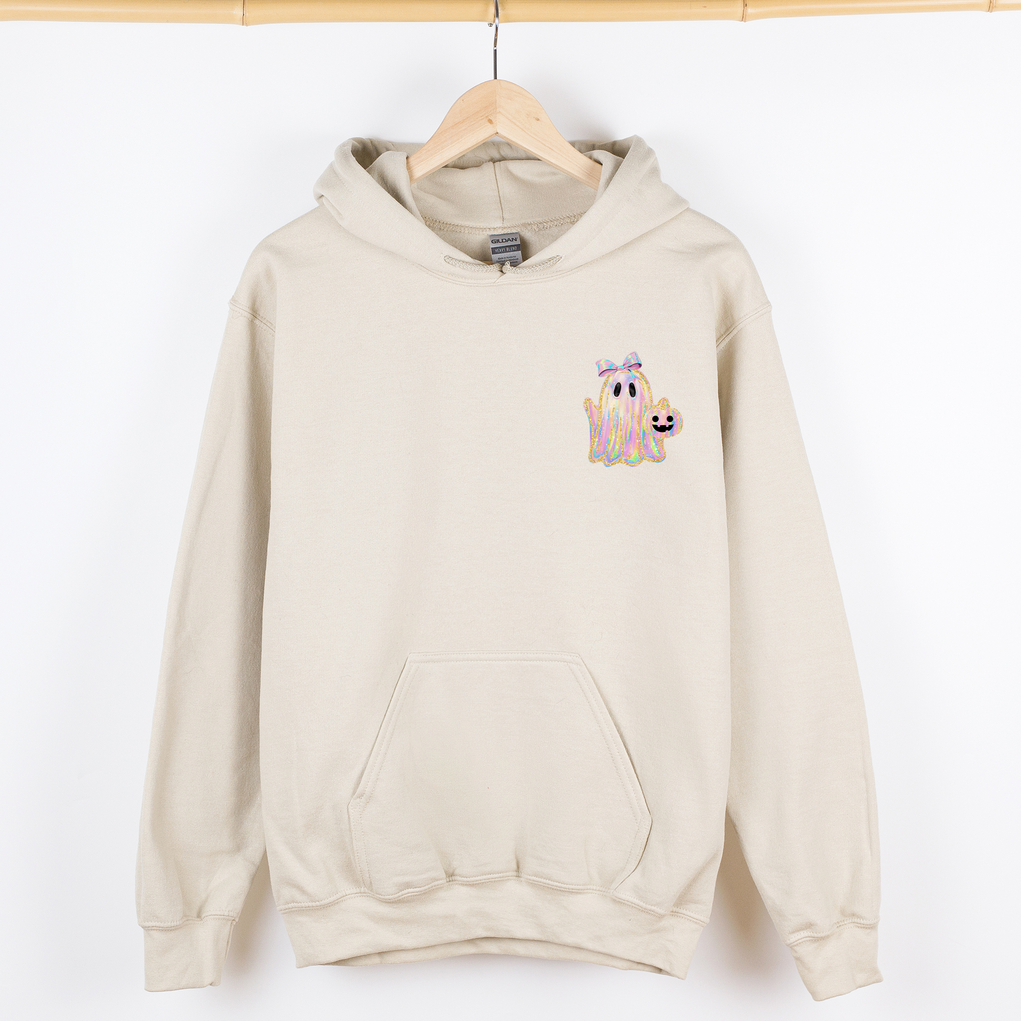 Cute Ghost Coquette Ribbon Faux Glitter Halloween Vintage Inspired Cozy Nighttime Charm Pocket Hoodie