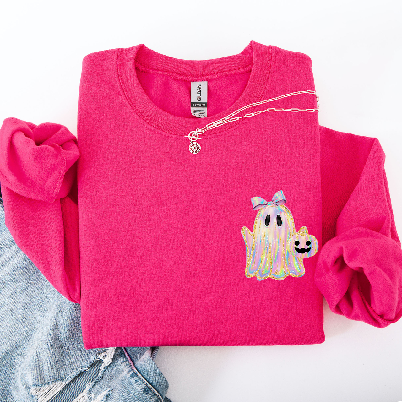 Cute Ghost Coquette Ribbon Faux Glitter Halloween Vintage Velvet Pocket Sweatshirt