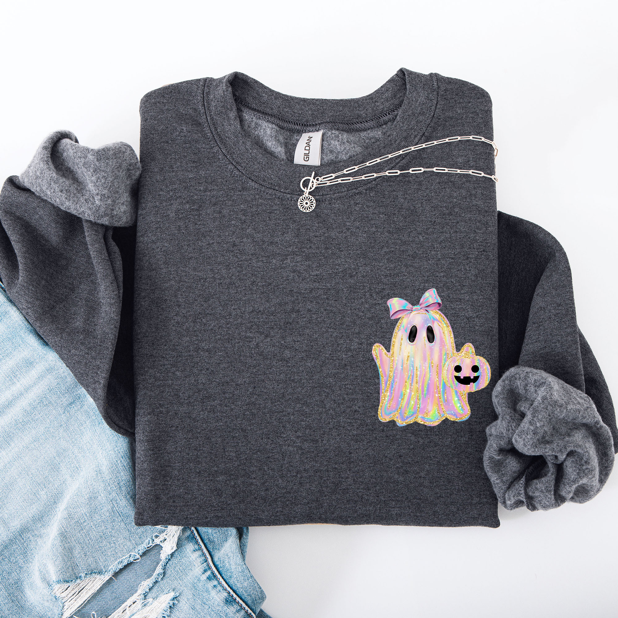 Cute Ghost Coquette Ribbon Faux Glitter Halloween Vintage Velvet Pocket Sweatshirt