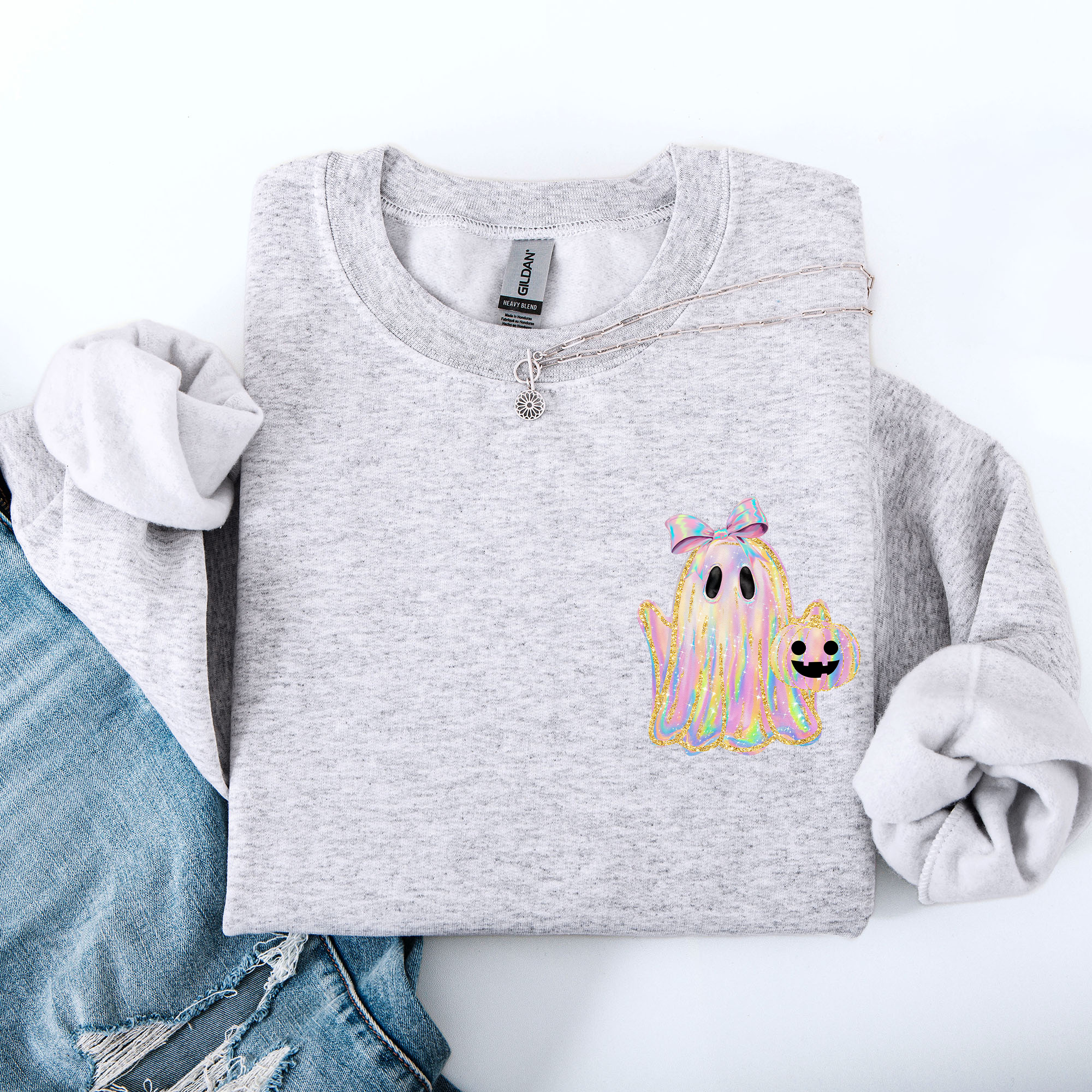 Cute Ghost Coquette Ribbon Faux Glitter Halloween Vintage Velvet Pocket Sweatshirt