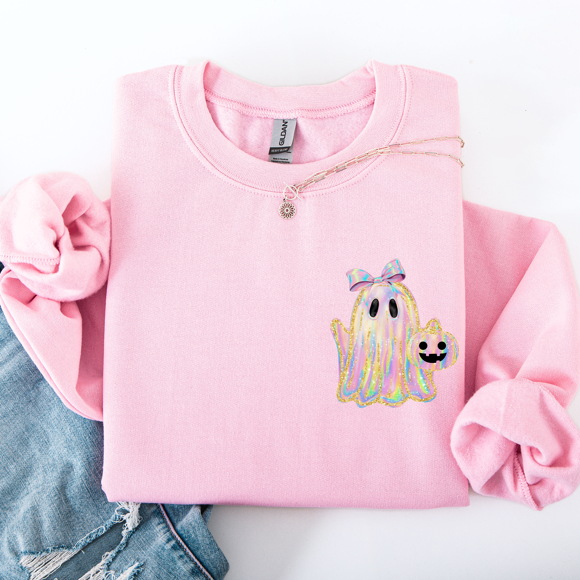 Cute Ghost Coquette Ribbon Faux Glitter Halloween Vintage Velvet Pocket Sweatshirt