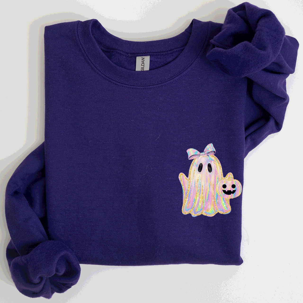 Cute Ghost Coquette Ribbon Faux Glitter Halloween Vintage Velvet Pocket Sweatshirt