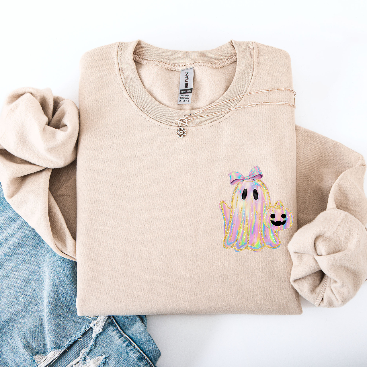 Cute Ghost Coquette Ribbon Faux Glitter Halloween Vintage Velvet Pocket Sweatshirt