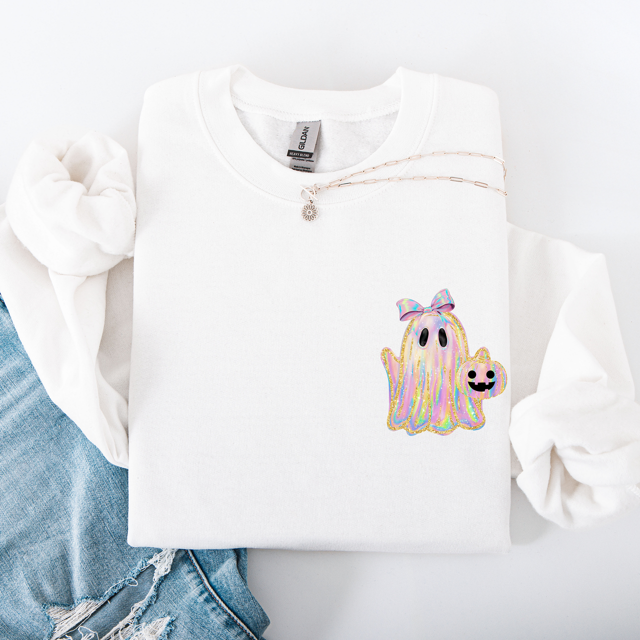 Cute Ghost Coquette Ribbon Faux Glitter Halloween Vintage Velvet Pocket Sweatshirt