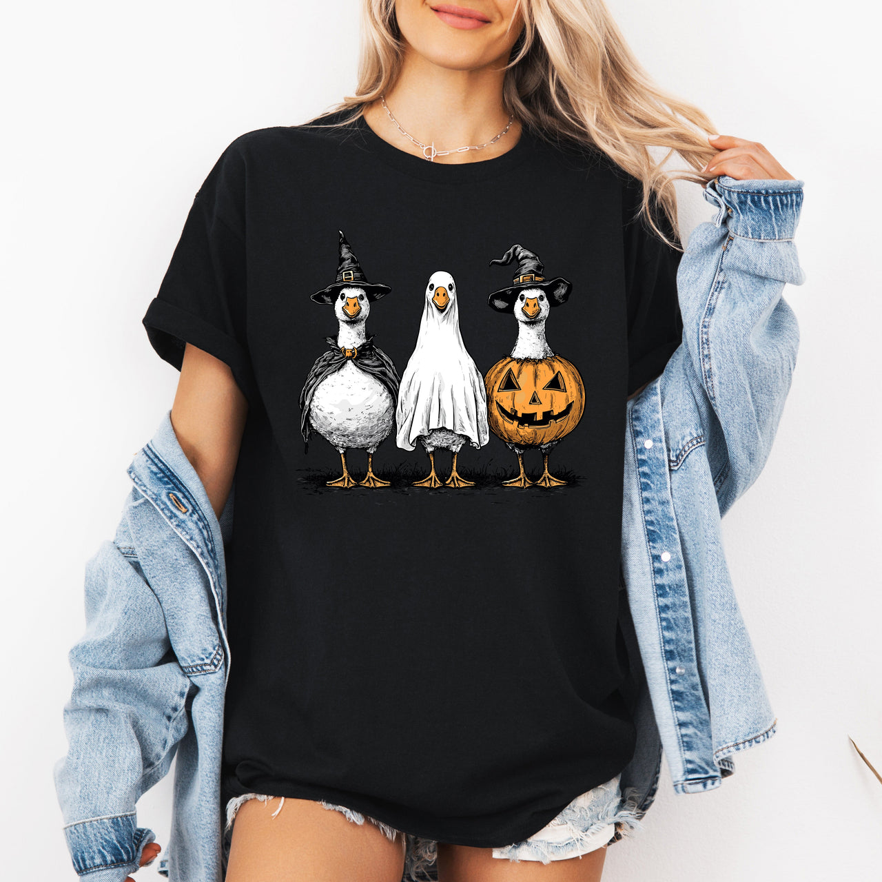 Cute Halloween Geese Whimsical Spooky Season Illustration Laughing Geese Collectible Graphic Tee