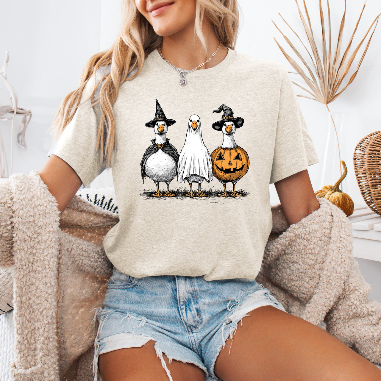Cute Halloween Geese Whimsical Spooky Season Illustration Laughing Geese Collectible Graphic Tee