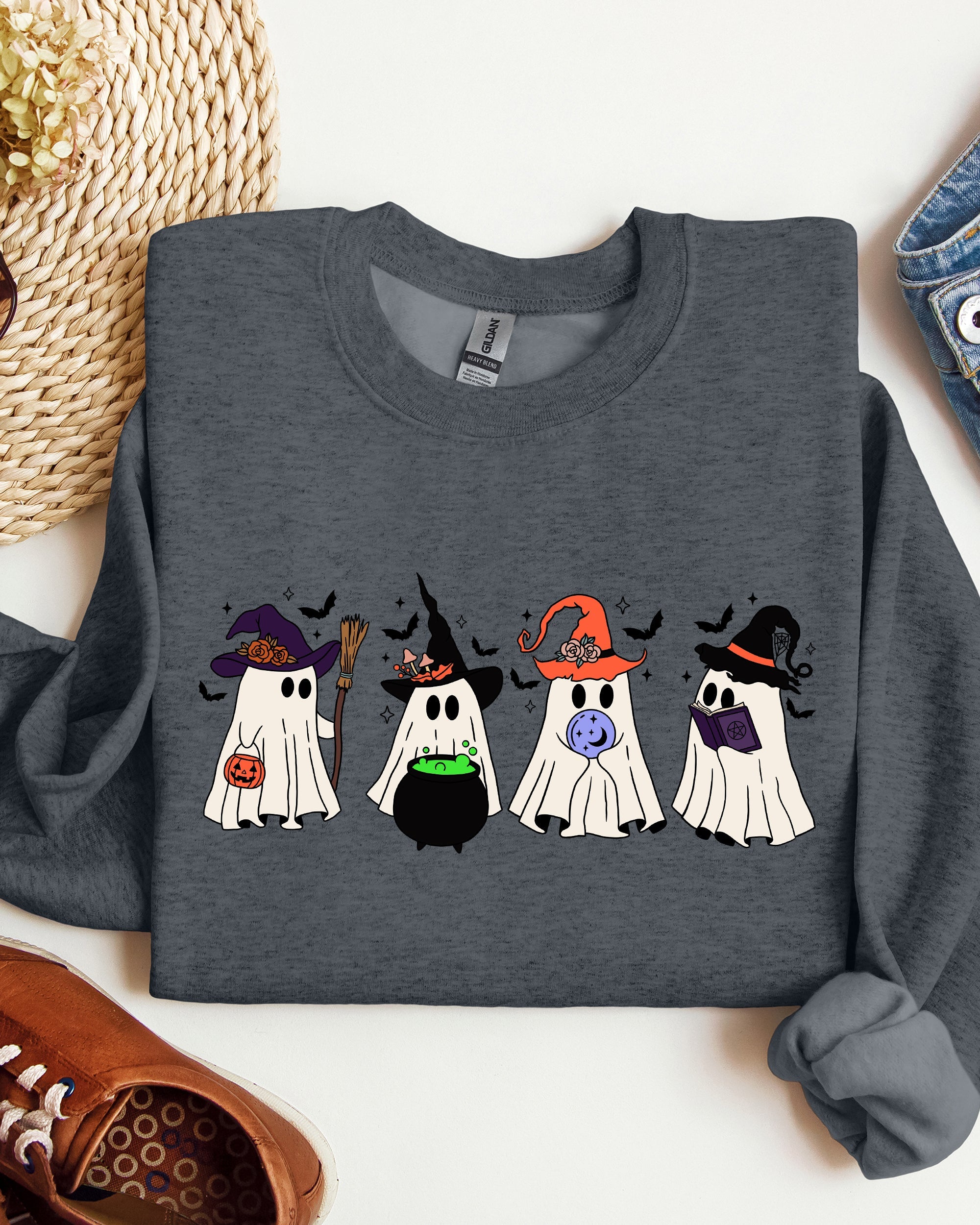 Cute Halloween Ghosts, Witches, Skeleton Spooky Season Ghostly Friends Illustration Sweatshirt