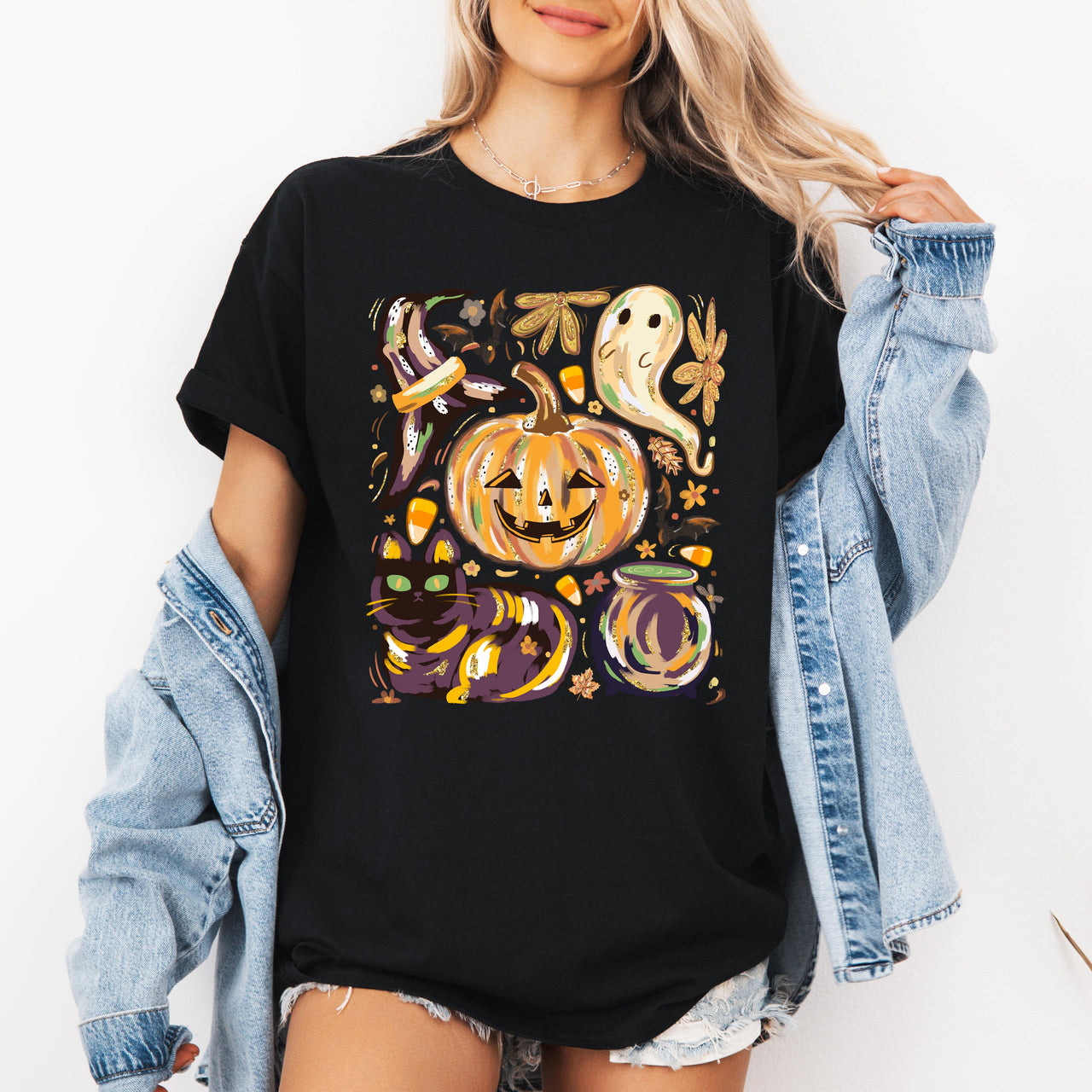 Cute Halloween Painted Pumpkin Black Cat Ghost Witch Scene Of Playful Spooky Charm Graphic Tee