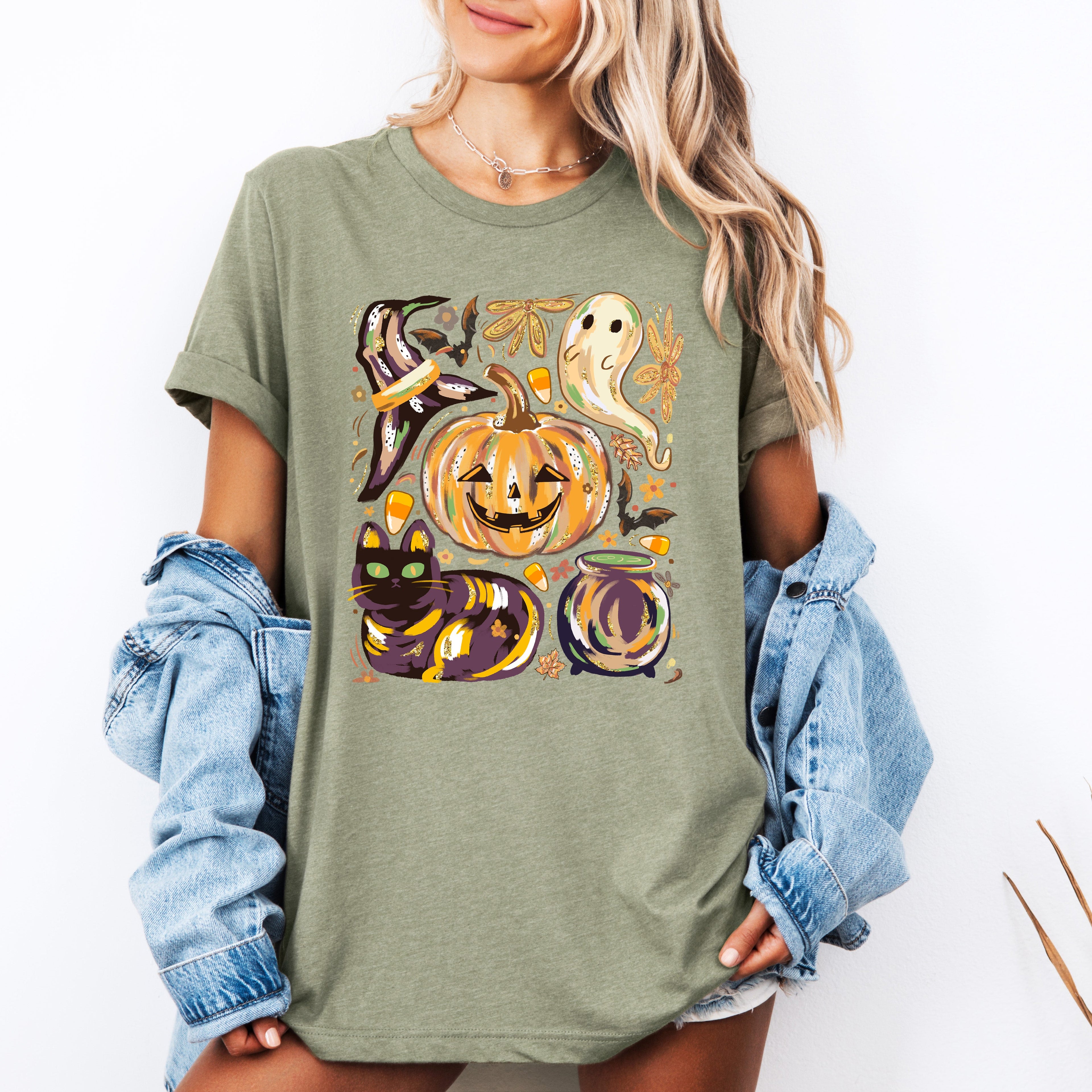 Cute Halloween Painted Pumpkin Black Cat Ghost Witch Scene Of Playful Spooky Charm Graphic Tee