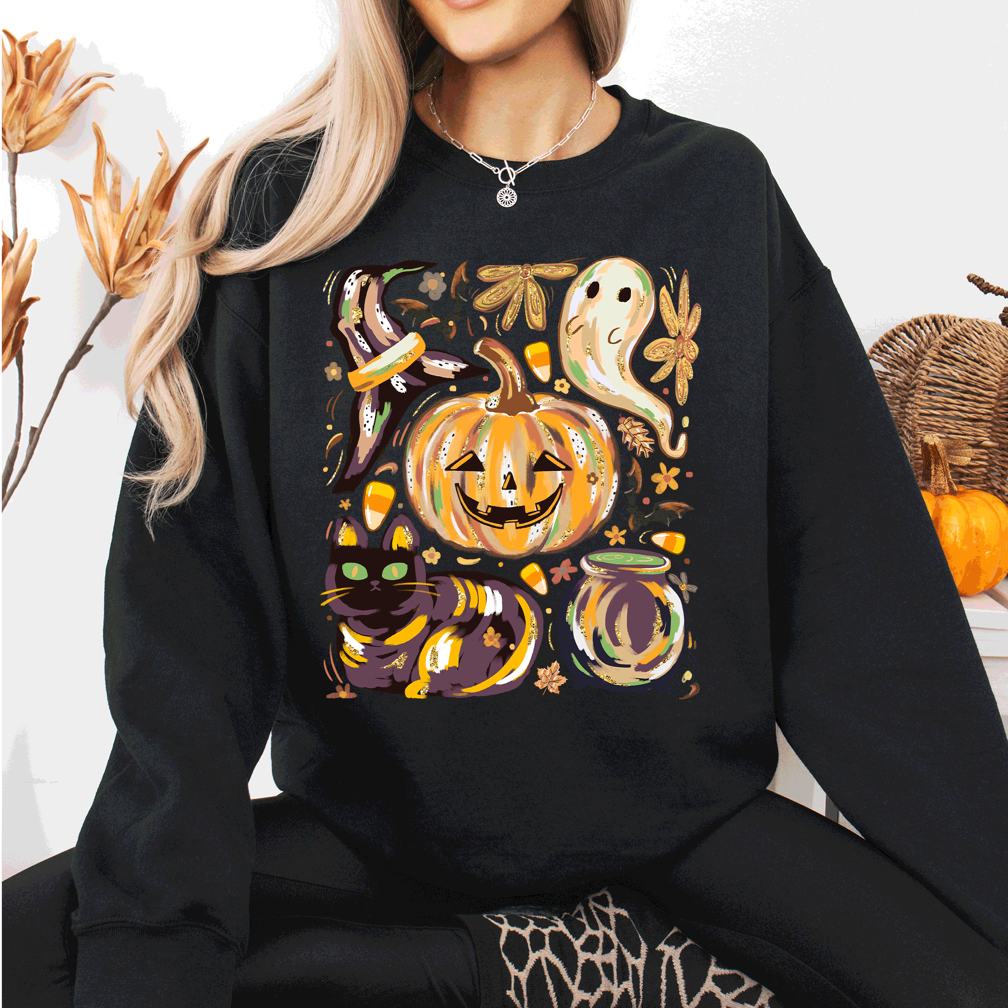 Cute Halloween Painted Pumpkin Black Cat Ghost Witch Skeleton Moonlit Night Scene Sweatshirt