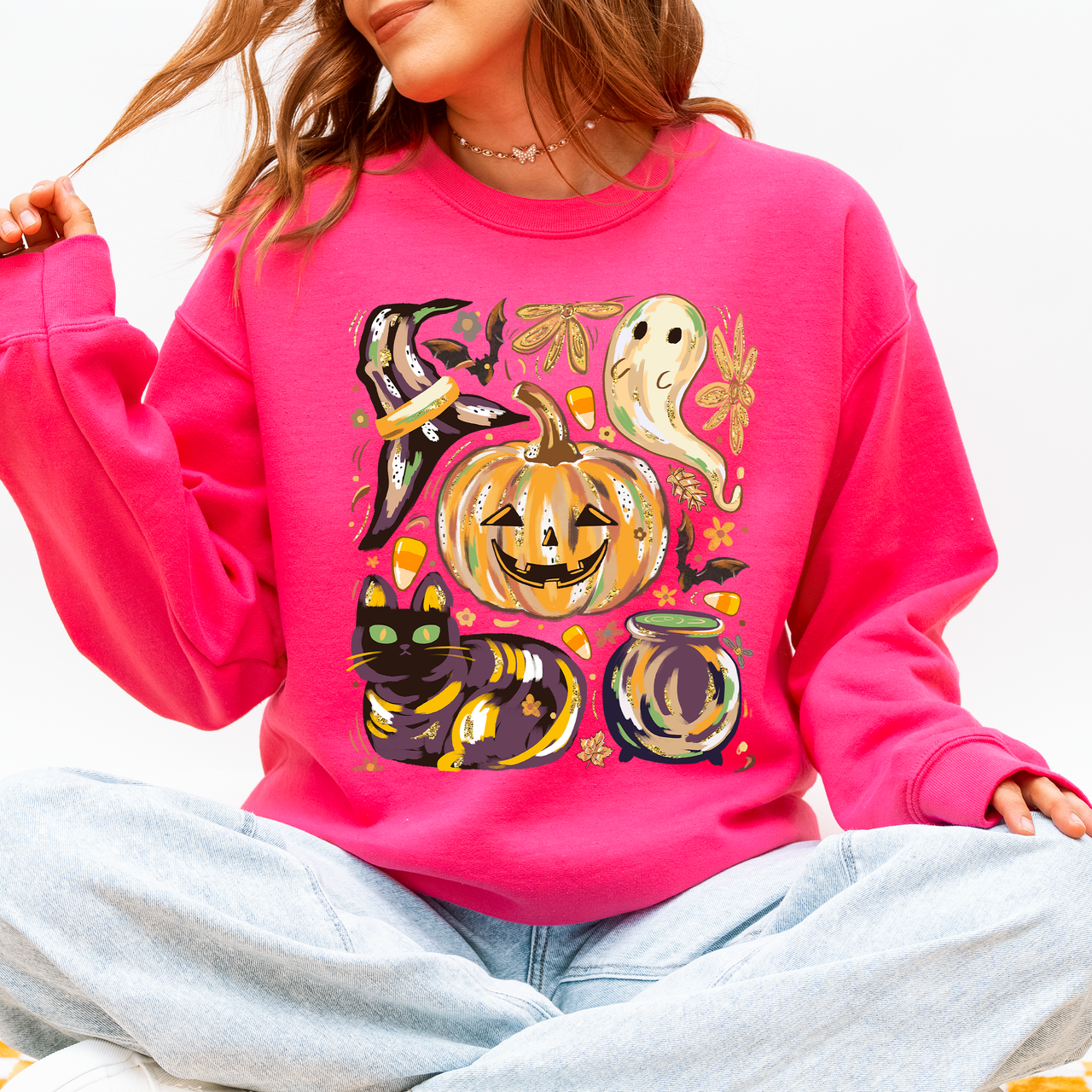 Cute Halloween Painted Pumpkin Black Cat Ghost Witch Skeleton Moonlit Night Scene Sweatshirt
