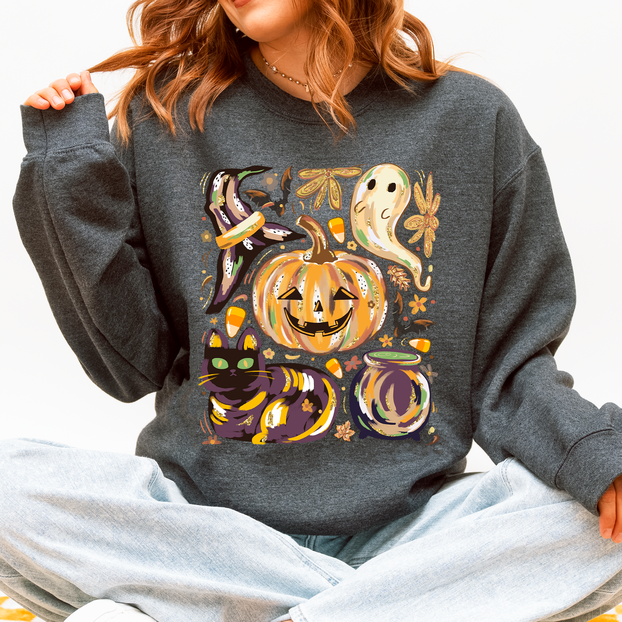 Cute Halloween Painted Pumpkin Black Cat Ghost Witch Skeleton Moonlit Night Scene Sweatshirt