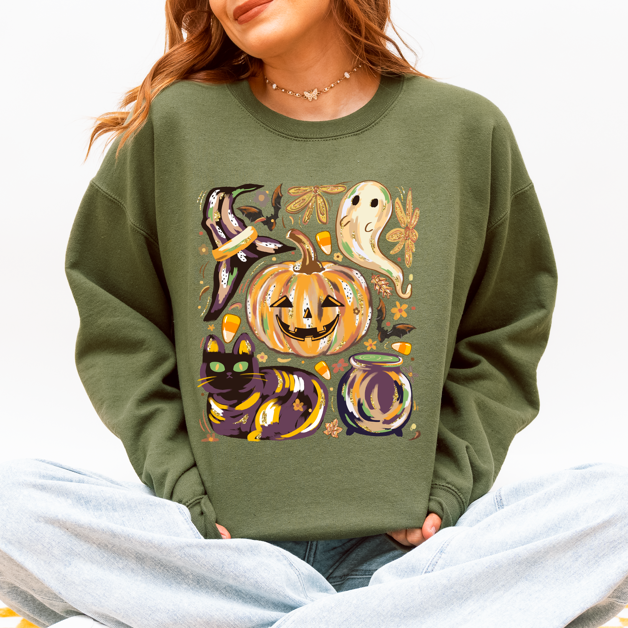 Cute Halloween Painted Pumpkin Black Cat Ghost Witch Skeleton Moonlit Night Scene Sweatshirt