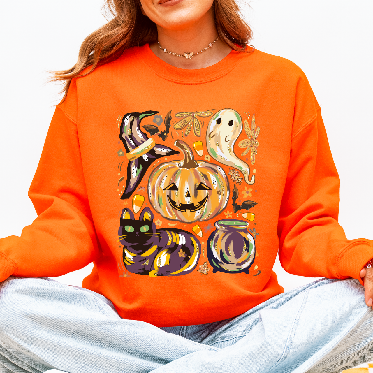 Cute Halloween Painted Pumpkin Black Cat Ghost Witch Skeleton Moonlit Night Scene Sweatshirt