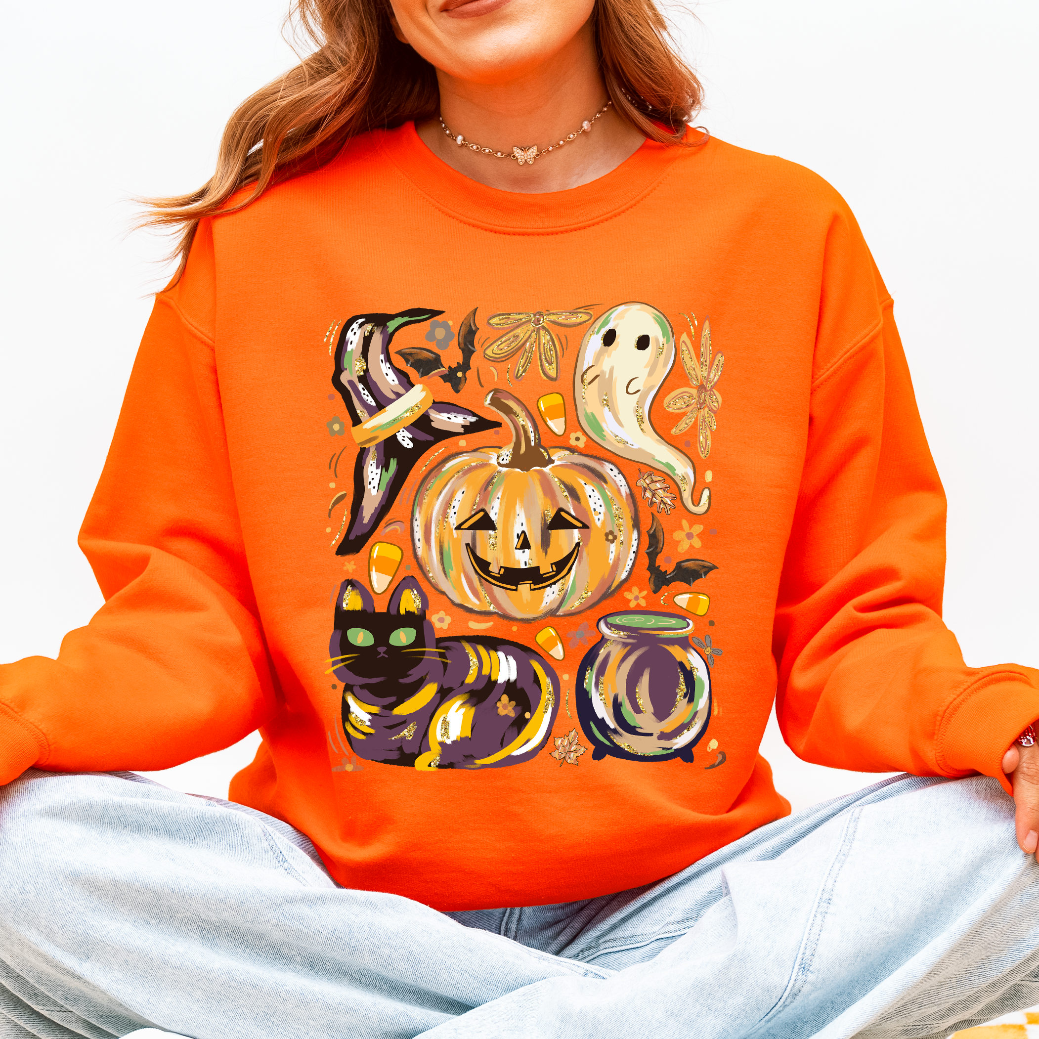 Cute Halloween Painted Pumpkin Black Cat Ghost Witch Skeleton Moonlit Night Scene Sweatshirt