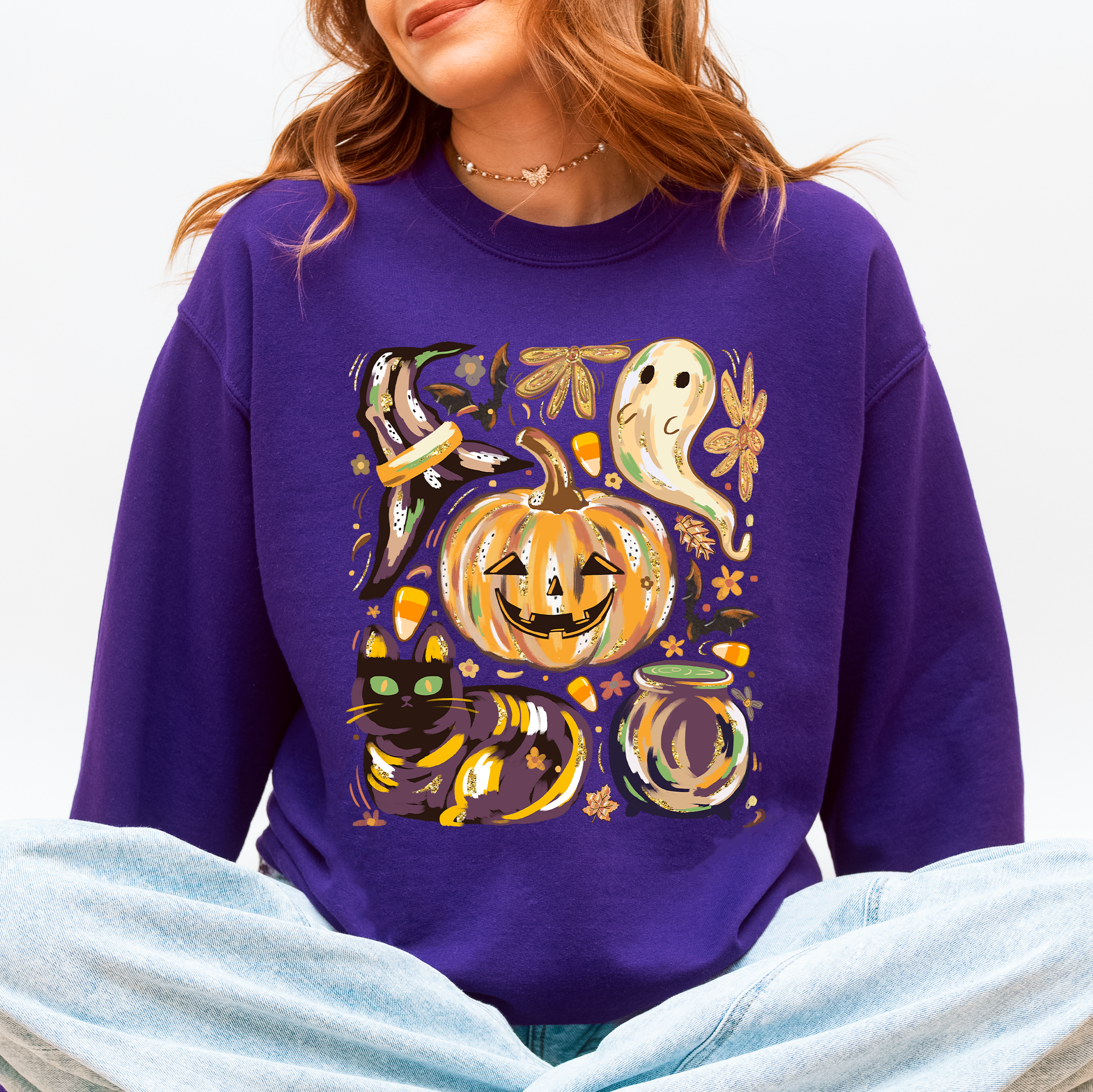 Cute Halloween Painted Pumpkin Black Cat Ghost Witch Skeleton Moonlit Night Scene Sweatshirt