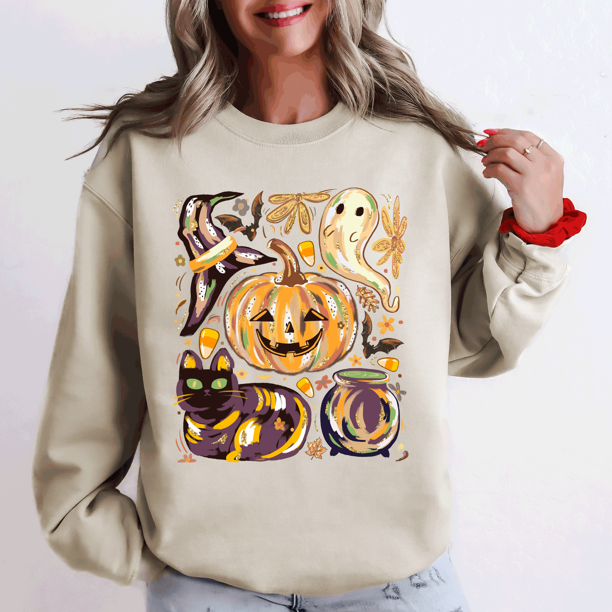 Cute Halloween Painted Pumpkin Black Cat Ghost Witch Skeleton Moonlit Night Scene Sweatshirt