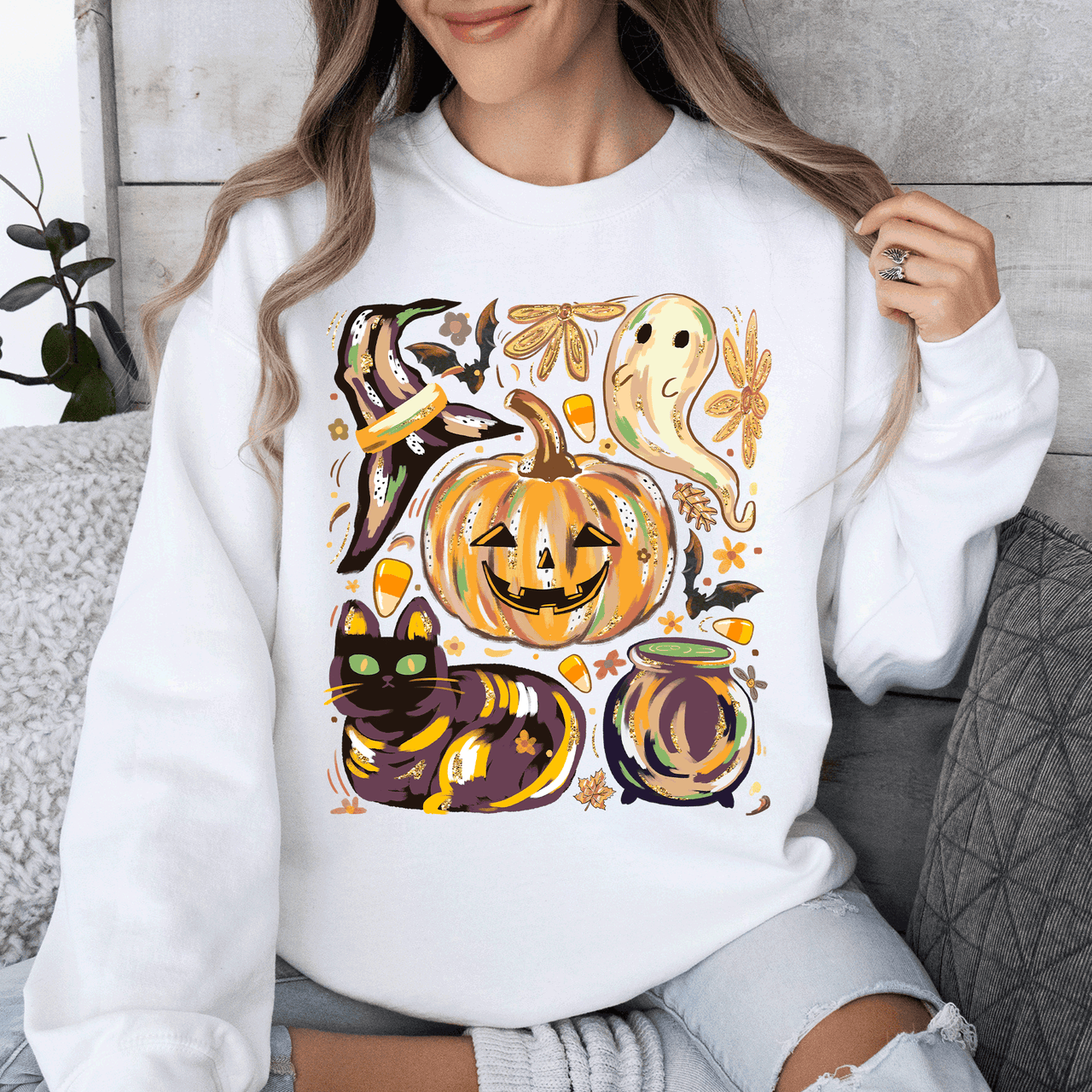Cute Halloween Painted Pumpkin Black Cat Ghost Witch Skeleton Moonlit Night Scene Sweatshirt