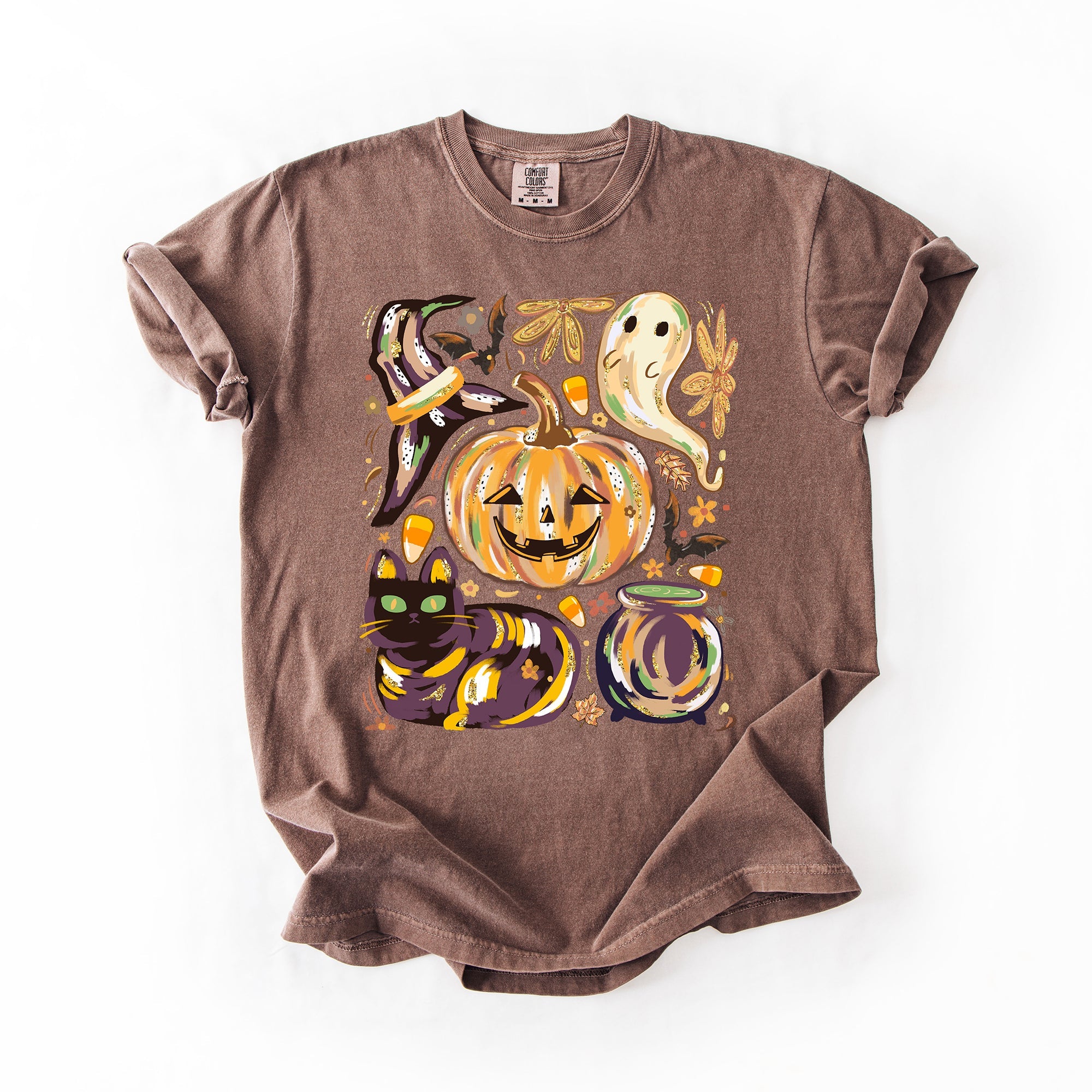 Cute Halloween Painted Pumpkin Black Cat Ghost Witch Festive Scene Comfort Colors Tee