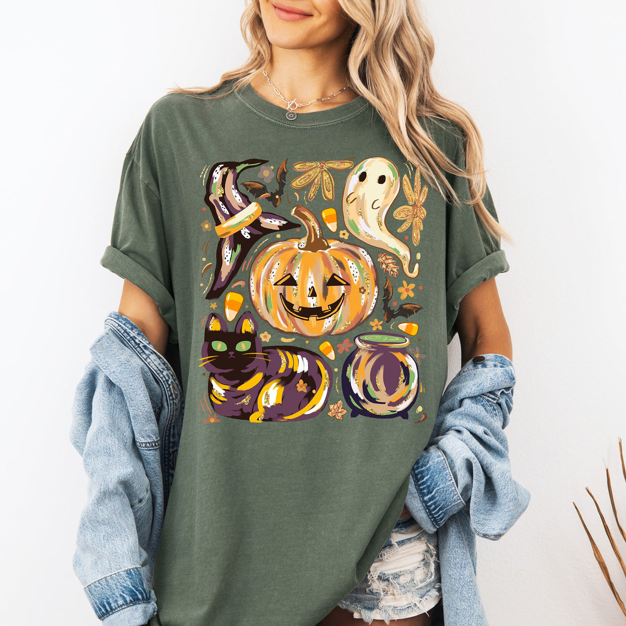 Cute Halloween Painted Pumpkin Black Cat Ghost Witch Festive Scene Comfort Colors Tee