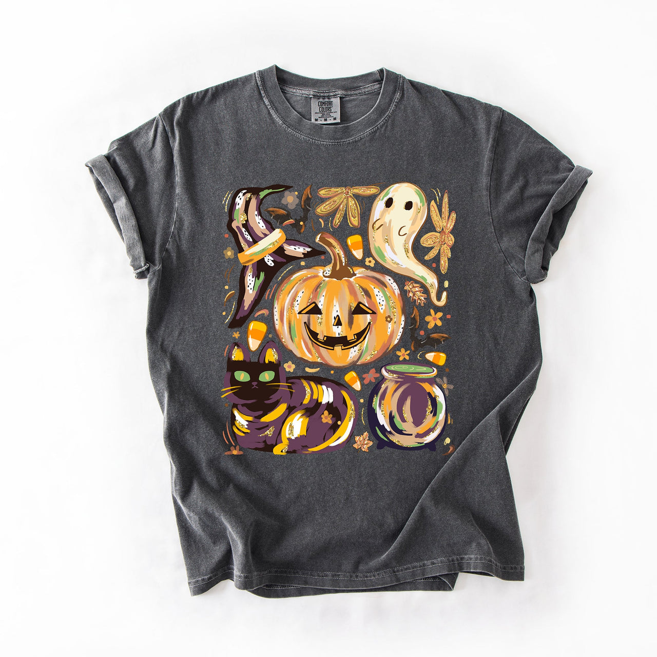 Cute Halloween Painted Pumpkin Black Cat Ghost Witch Festive Scene Comfort Colors Tee