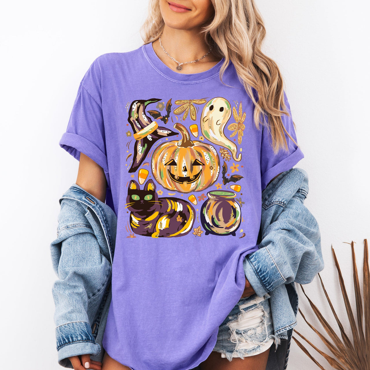 Cute Halloween Painted Pumpkin Black Cat Ghost Witch Festive Scene Comfort Colors Tee