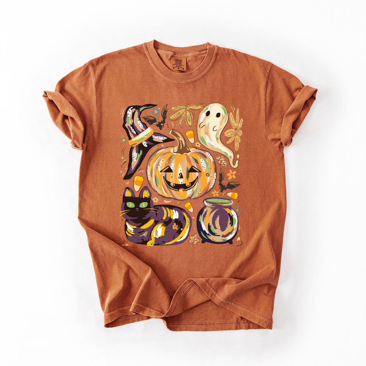 Cute Halloween Painted Pumpkin Black Cat Ghost Witch Festive Scene Comfort Colors Tee