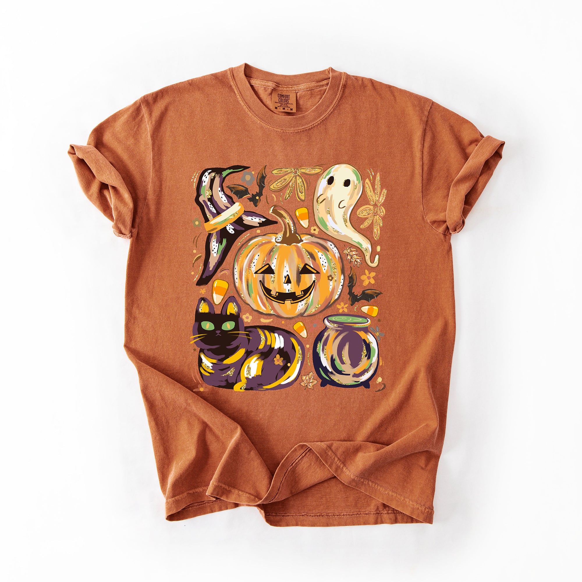 Cute Halloween Painted Pumpkin Black Cat Ghost Witch Festive Scene Comfort Colors Tee