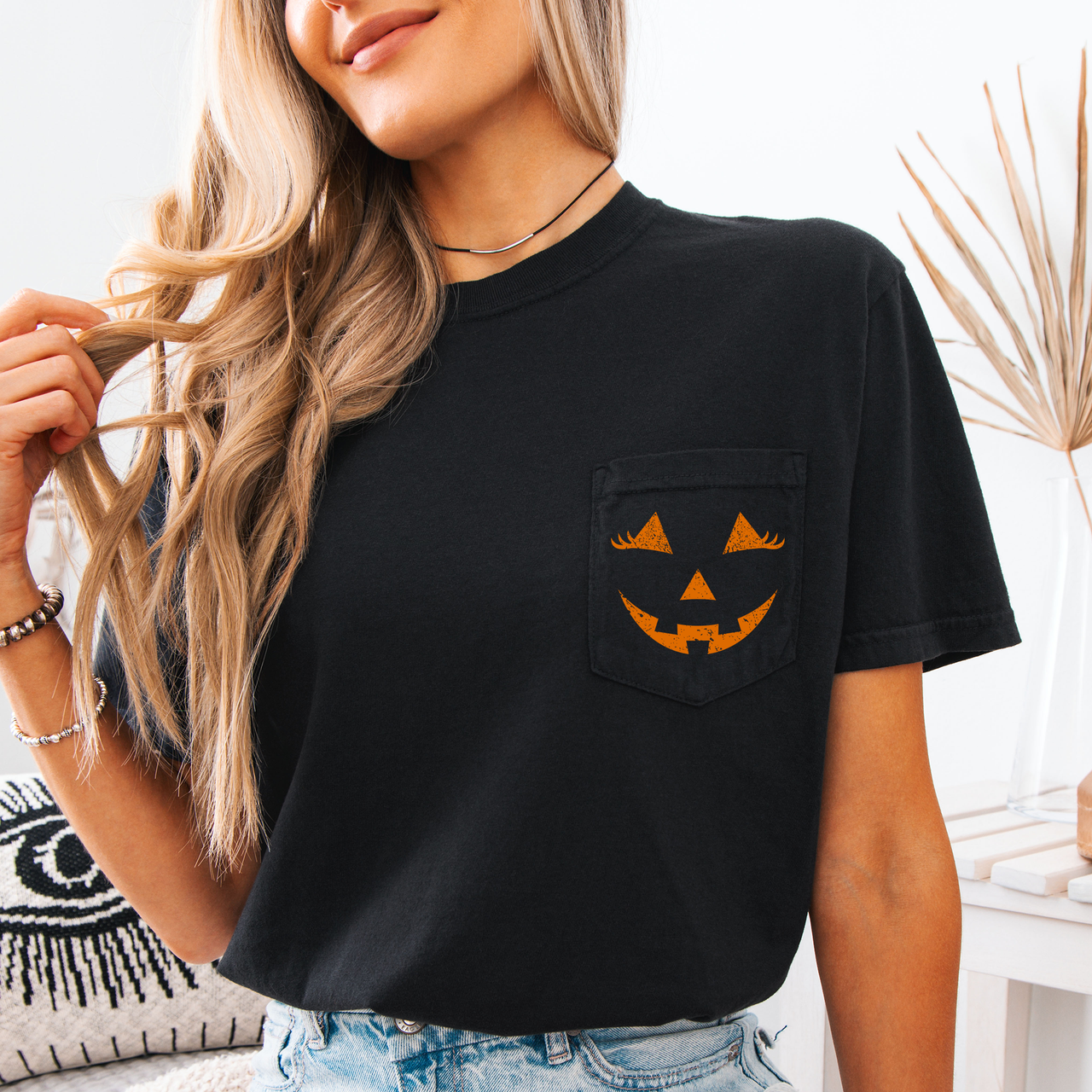 Cute Jack O Lantern Pocket Design With Whimsical Halloween Face And Cozy Autumn Vibes Comfort Colors Tee