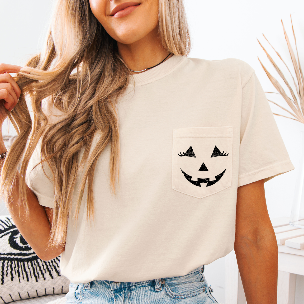 Cute Jack O Lantern Pocket Design With Whimsical Halloween Face And Cozy Autumn Vibes Comfort Colors Tee