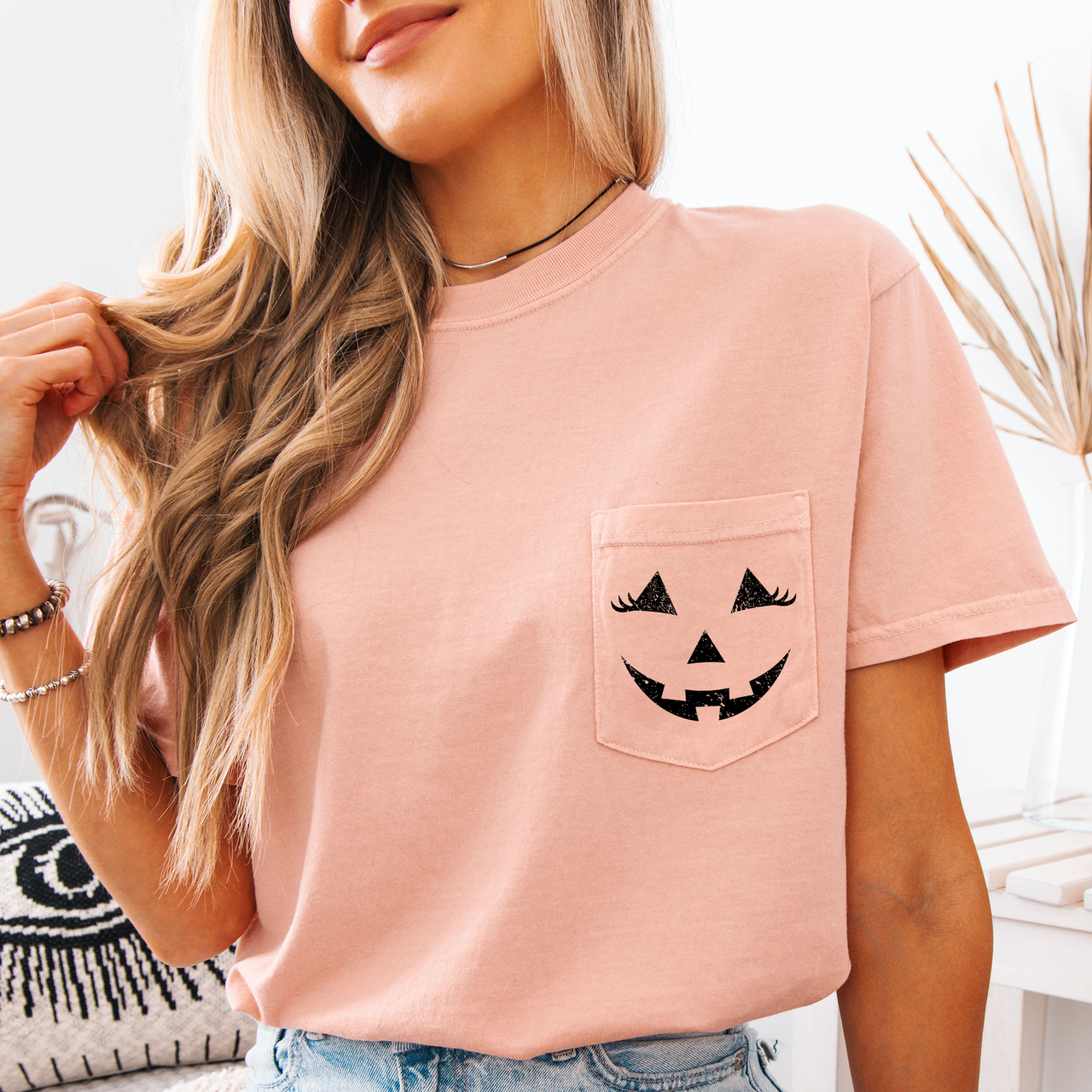 Cute Jack O Lantern Pocket Design With Whimsical Halloween Face And Cozy Autumn Vibes Comfort Colors Tee
