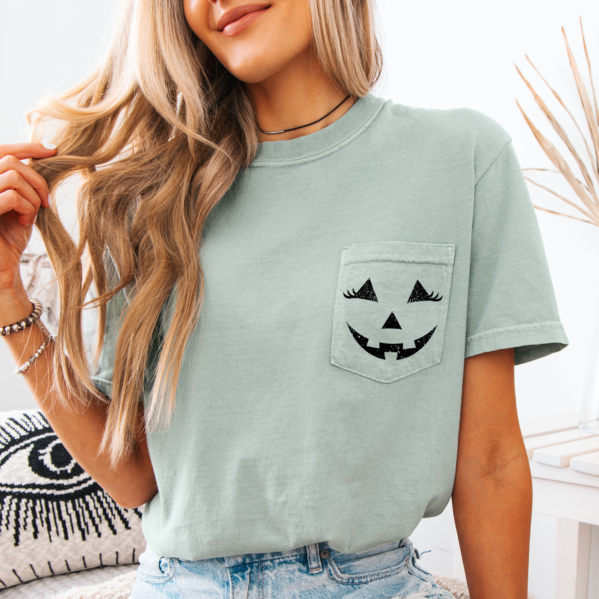 Cute Jack O Lantern Pocket Design With Whimsical Halloween Face And Cozy Autumn Vibes Comfort Colors Tee