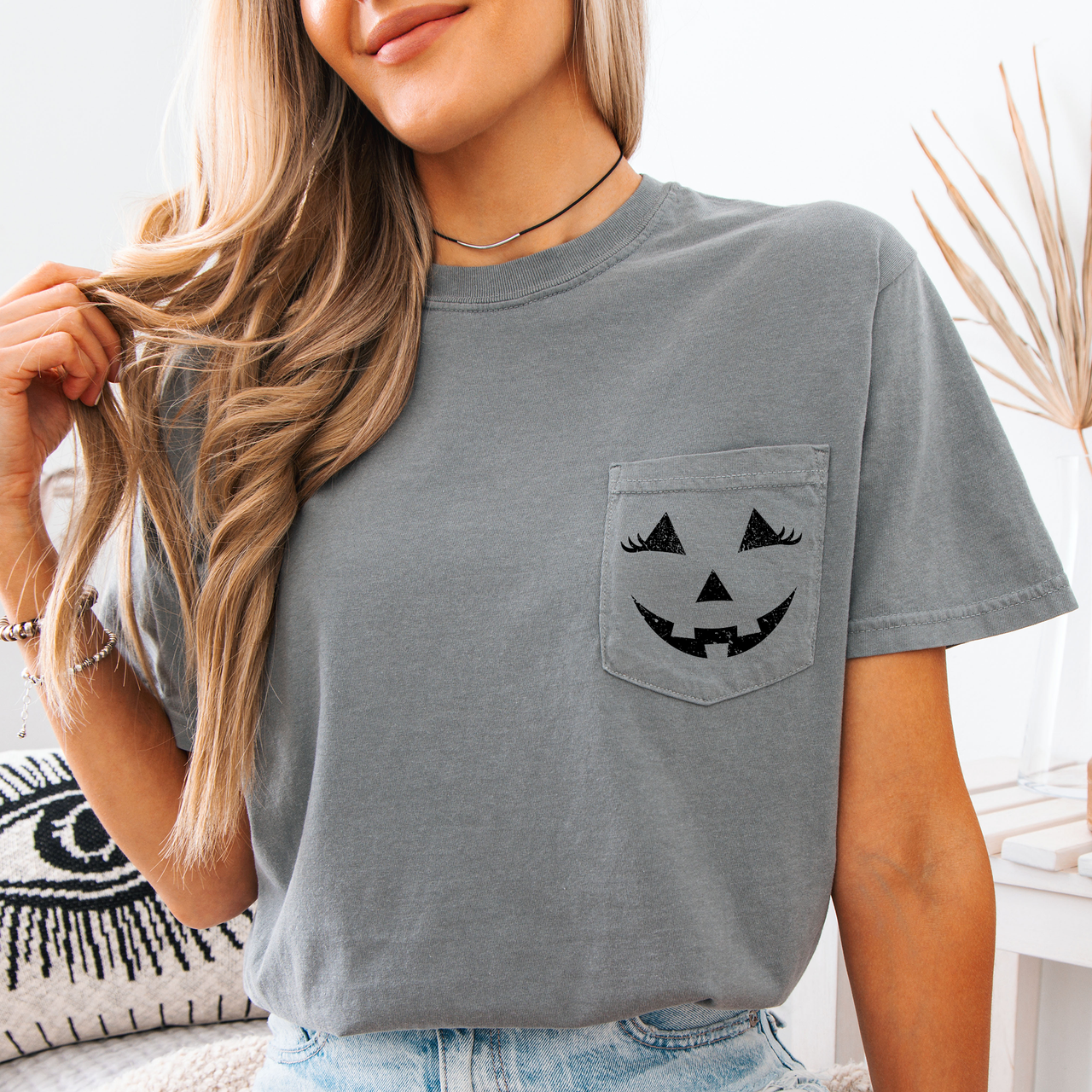 Cute Jack O Lantern Pocket Design With Whimsical Halloween Face And Cozy Autumn Vibes Comfort Colors Tee