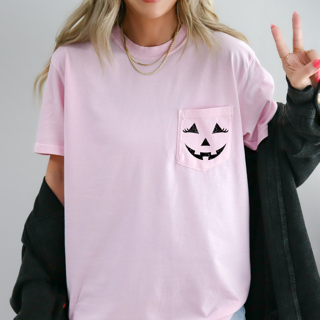 Cute Jack O Lantern Pocket Design With Whimsical Halloween Face And Cozy Autumn Vibes Comfort Colors Tee