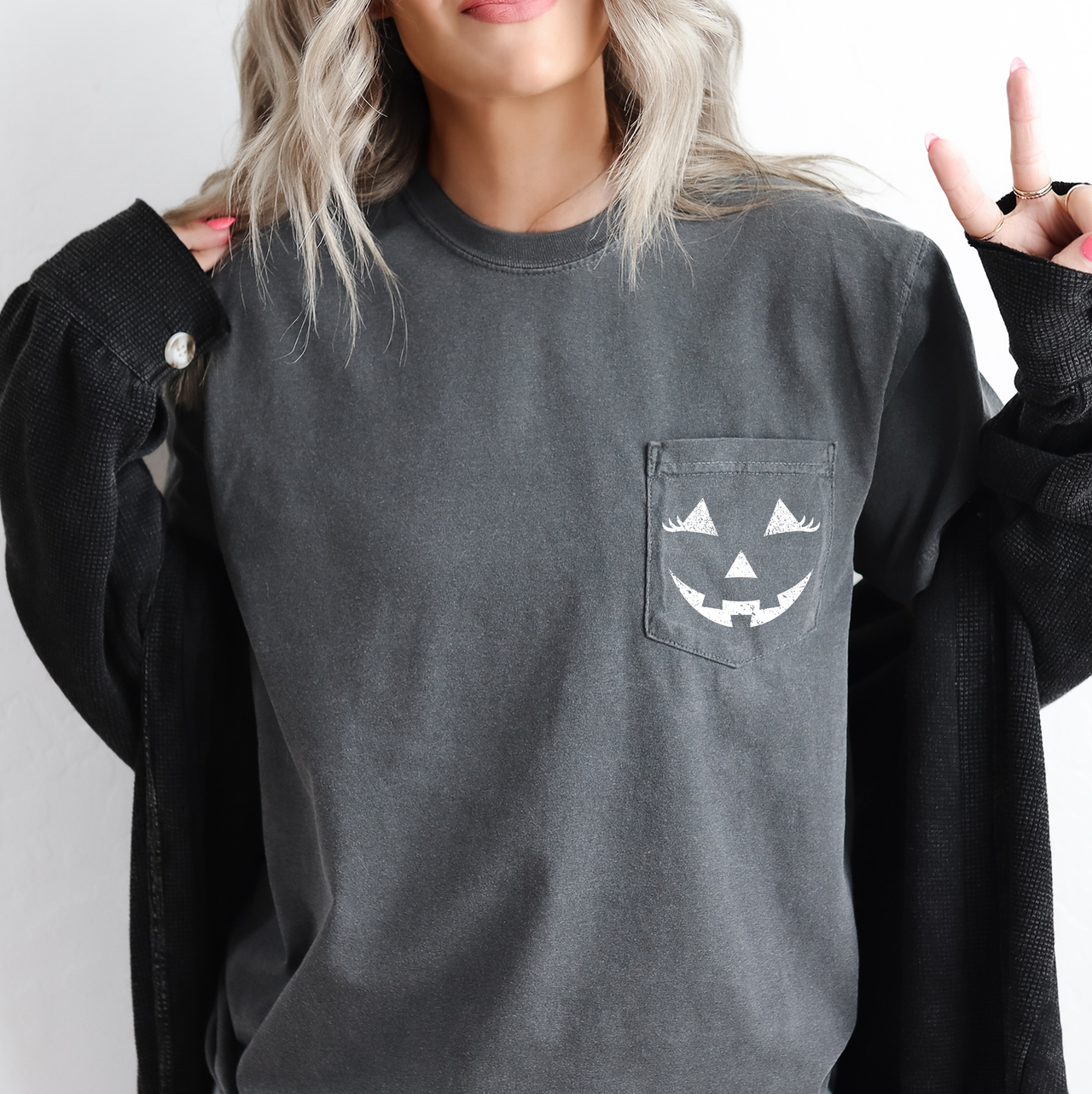 Cute Jack O Lantern Pocket Design With Whimsical Halloween Face And Cozy Autumn Vibes Comfort Colors Tee