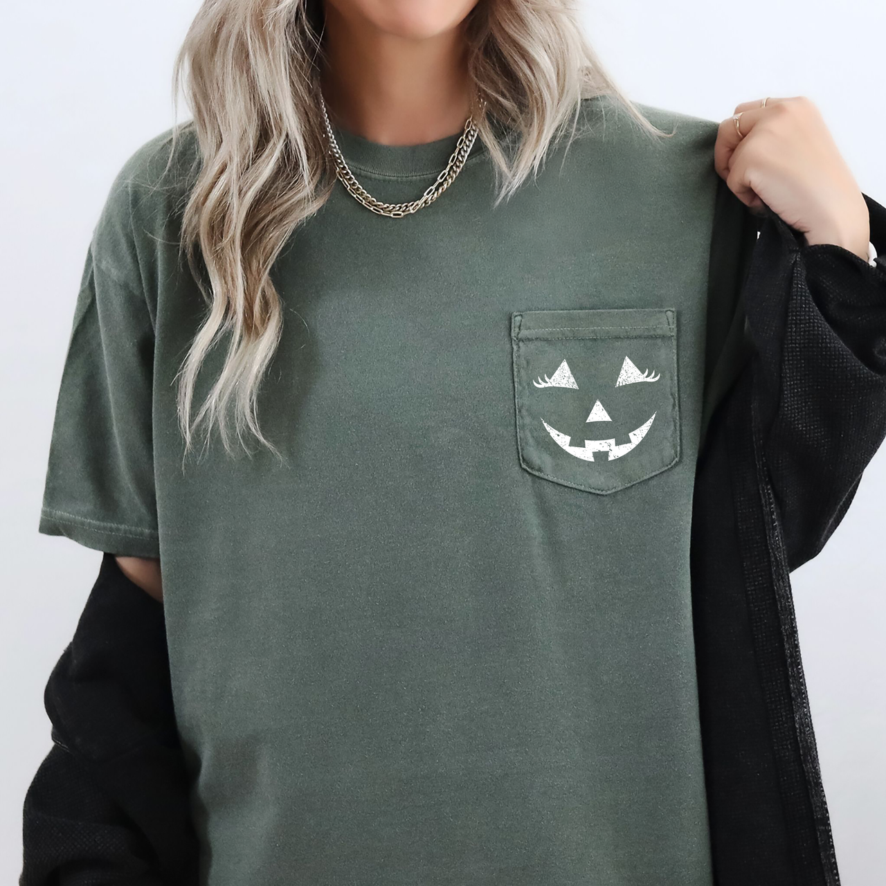Cute Jack O Lantern Pocket Design With Whimsical Halloween Face And Cozy Autumn Vibes Comfort Colors Tee