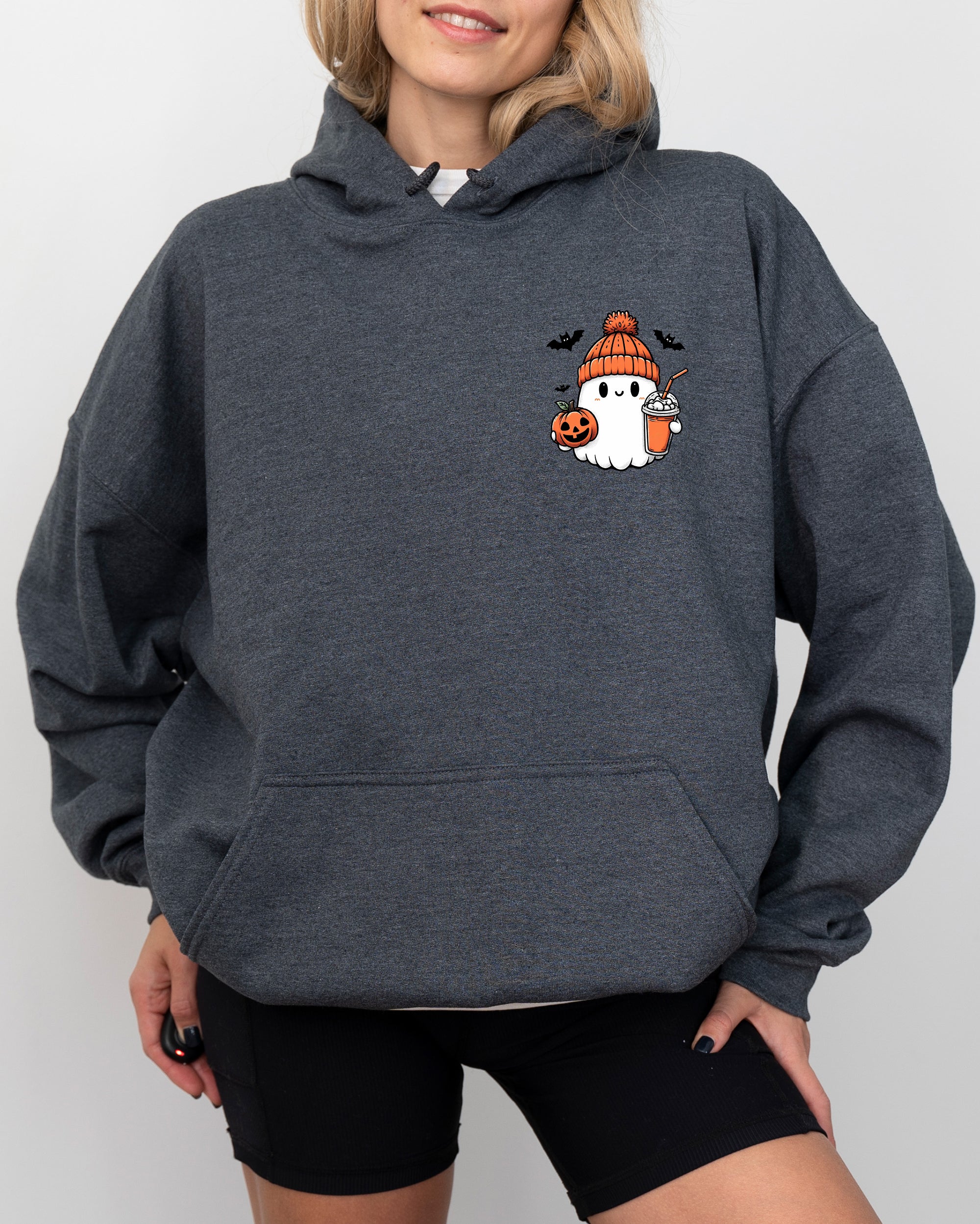 Orange Ghost Pocket Print Halloween Coffee Bats Whimsical Nighttime Scene Hooded Sweatshirt