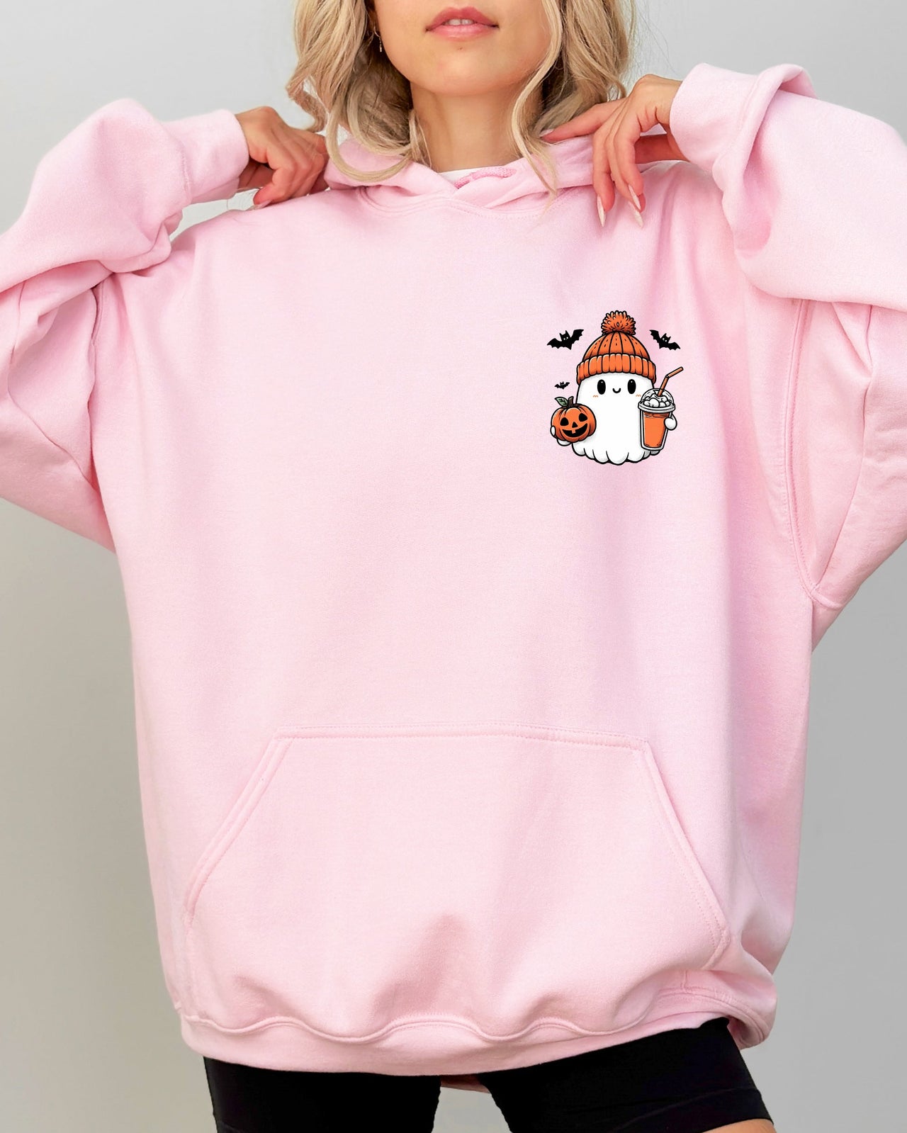 Orange Ghost Pocket Print Halloween Coffee Bats Whimsical Nighttime Scene Hooded Sweatshirt