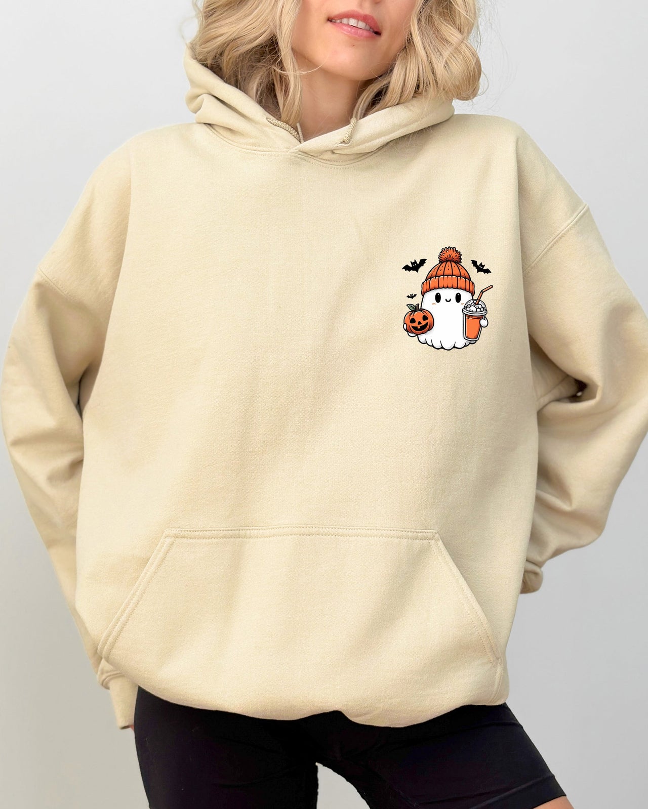 Orange Ghost Pocket Print Halloween Coffee Bats Whimsical Nighttime Scene Hooded Sweatshirt