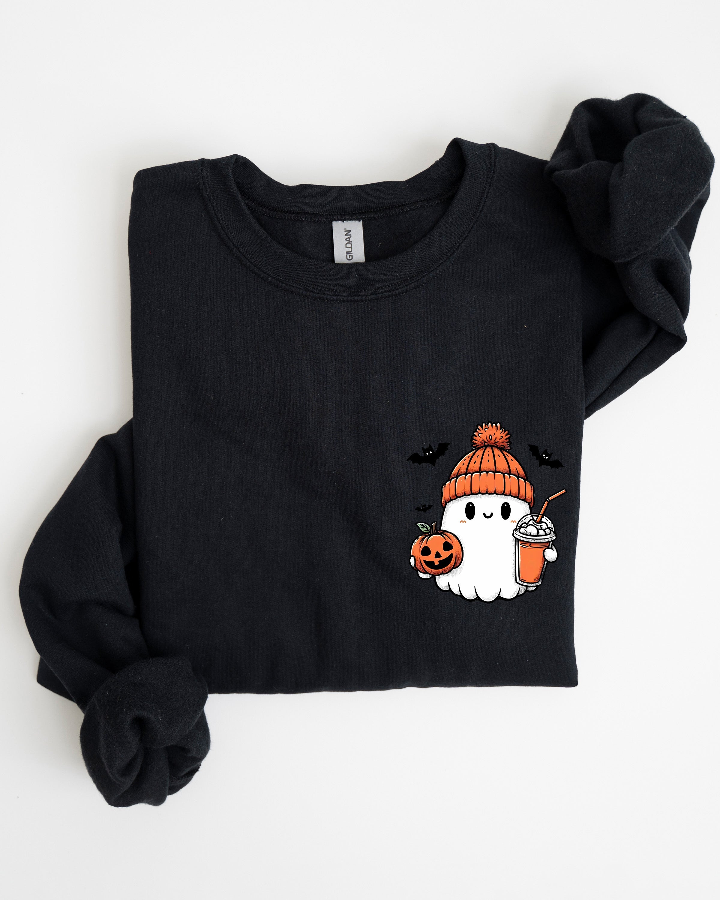 Cute Orange Ghost Pocket Print Halloween Coffee Bats Cozy Nights Adventure Cozy Autumn Spooky Mood Sweatshirt