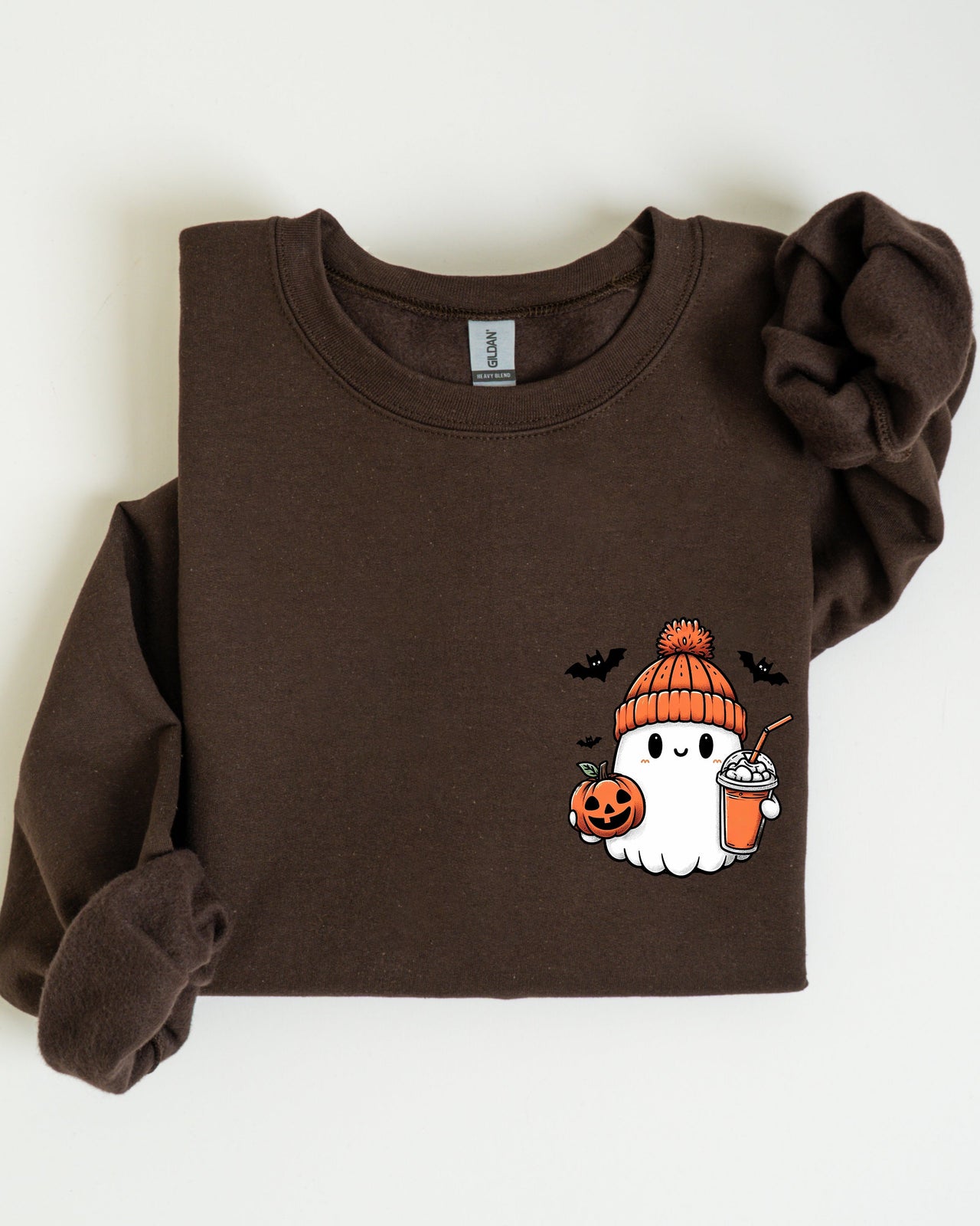 Cute Orange Ghost Pocket Print Halloween Coffee Bats Cozy Nights Adventure Cozy Autumn Spooky Mood Sweatshirt