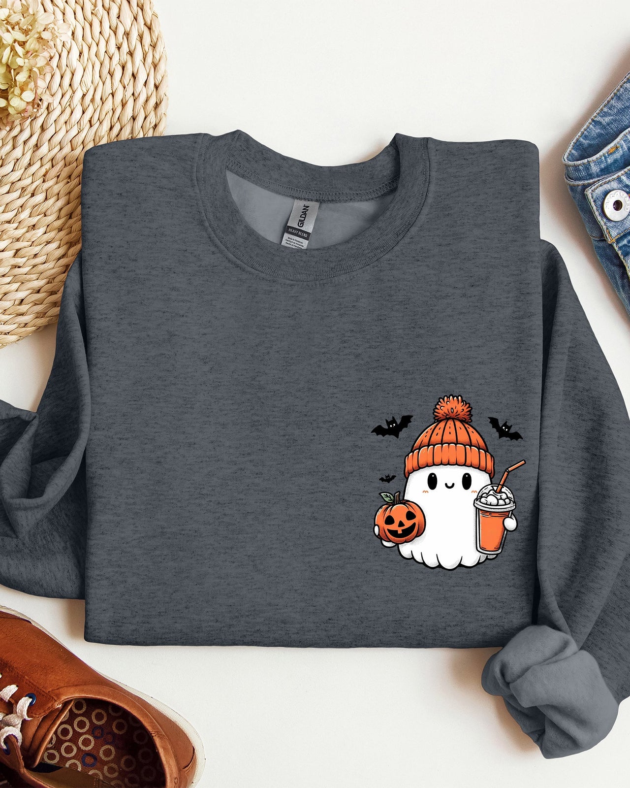 Cute Orange Ghost Pocket Print Halloween Coffee Bats Cozy Nights Adventure Cozy Autumn Spooky Mood Sweatshirt