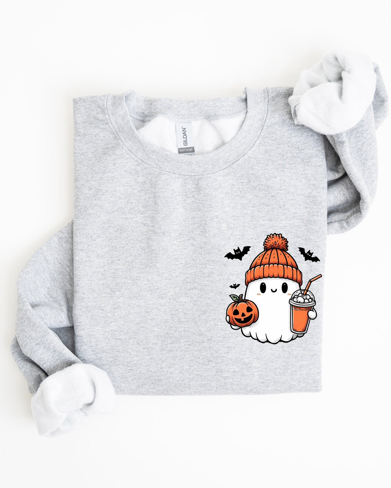Cute Orange Ghost Pocket Print Halloween Coffee Bats Cozy Nights Adventure Cozy Autumn Spooky Mood Sweatshirt