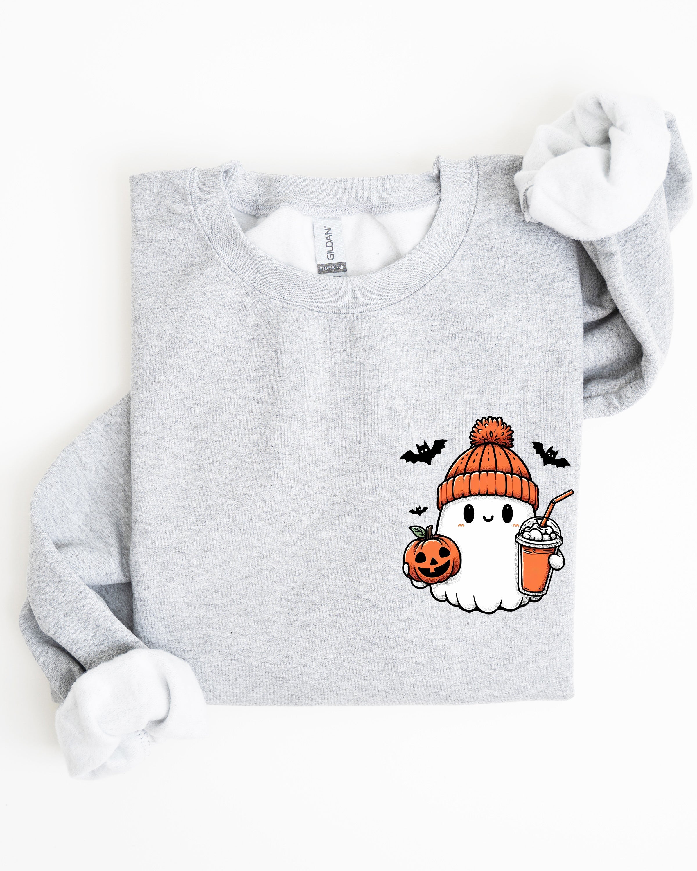 Cute Orange Ghost Pocket Print Halloween Coffee Bats Cozy Nights Adventure Cozy Autumn Spooky Mood Sweatshirt