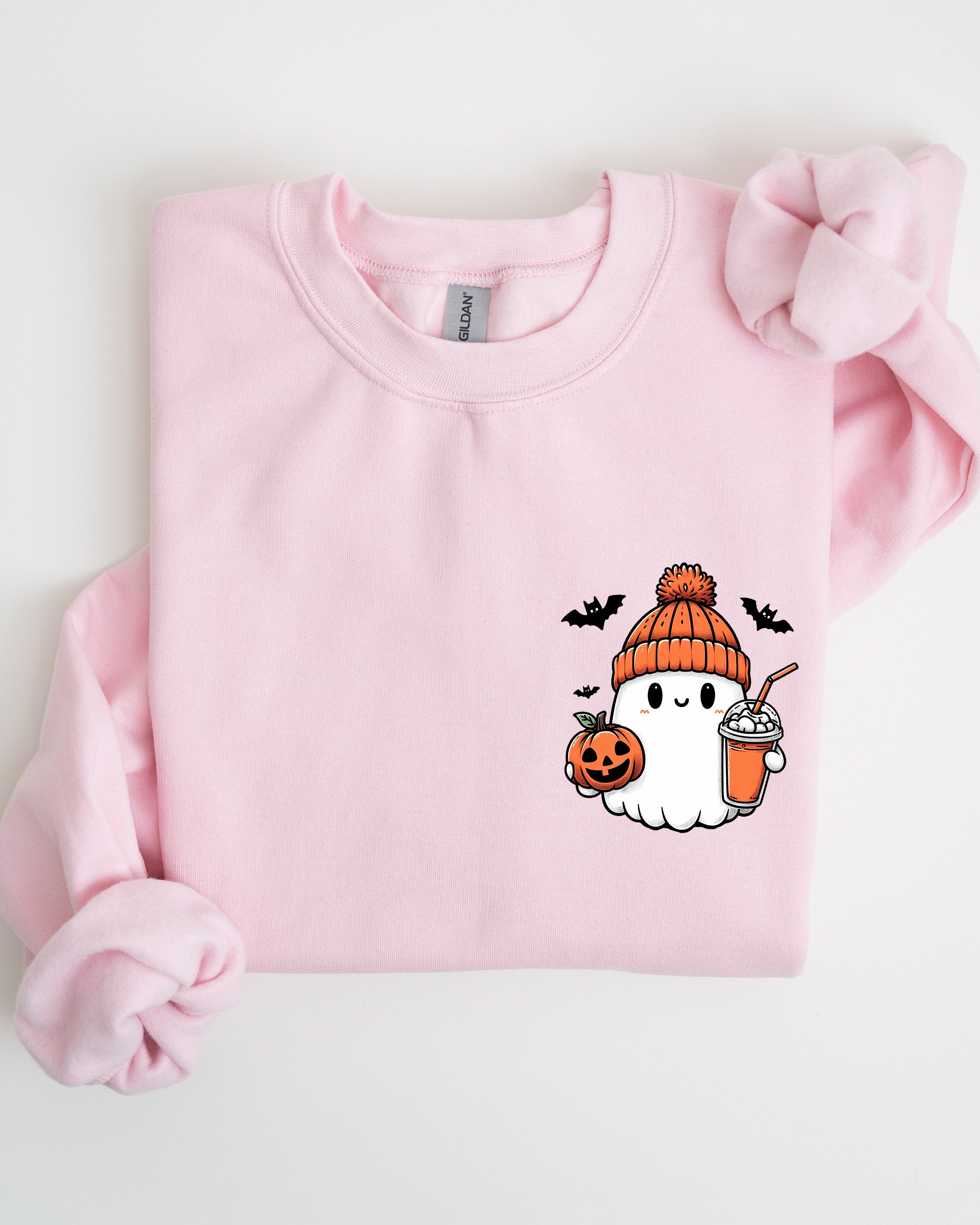 Cute Orange Ghost Pocket Print Halloween Coffee Bats Cozy Nights Adventure Cozy Autumn Spooky Mood Sweatshirt