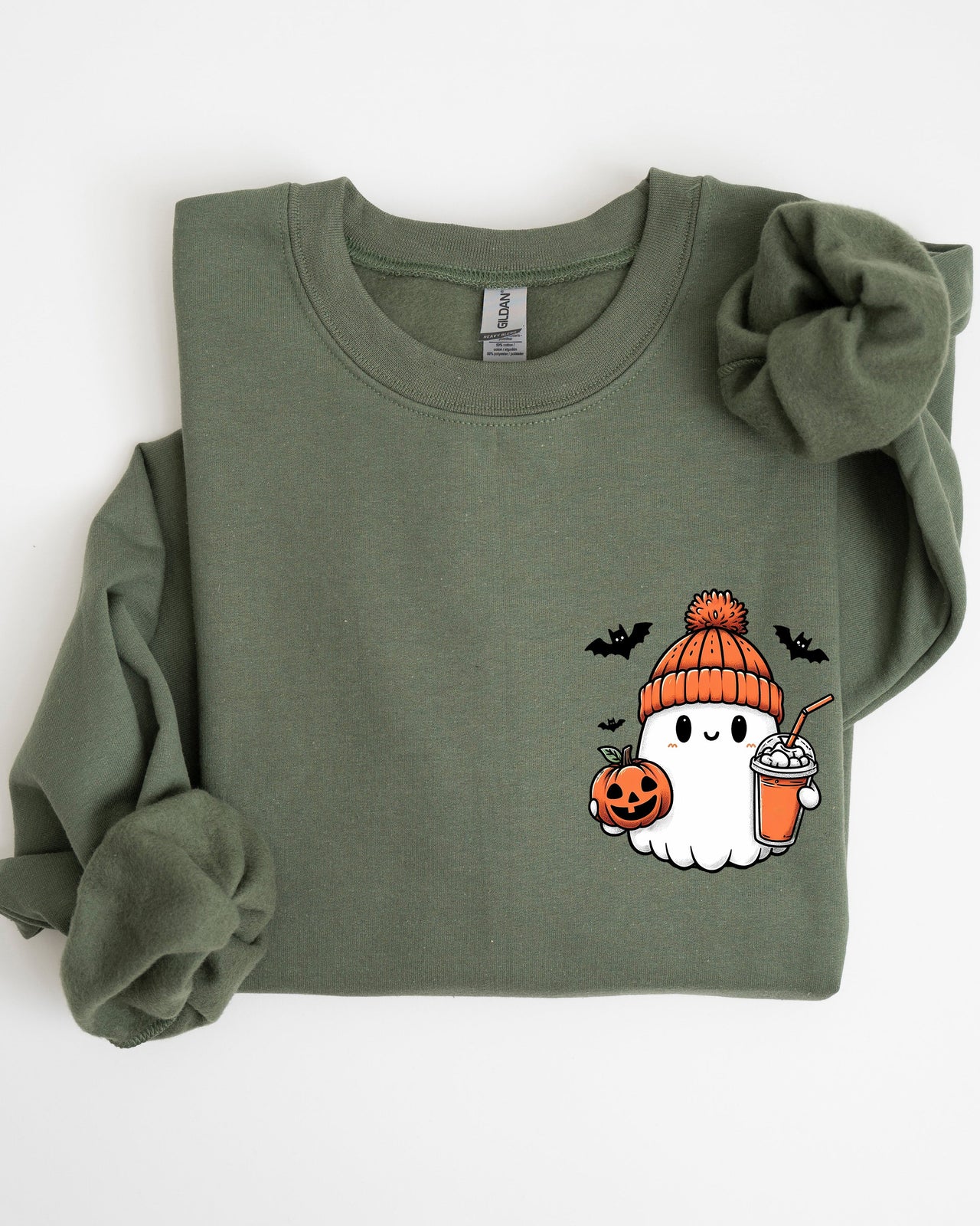 Cute Orange Ghost Pocket Print Halloween Coffee Bats Cozy Nights Adventure Cozy Autumn Spooky Mood Sweatshirt