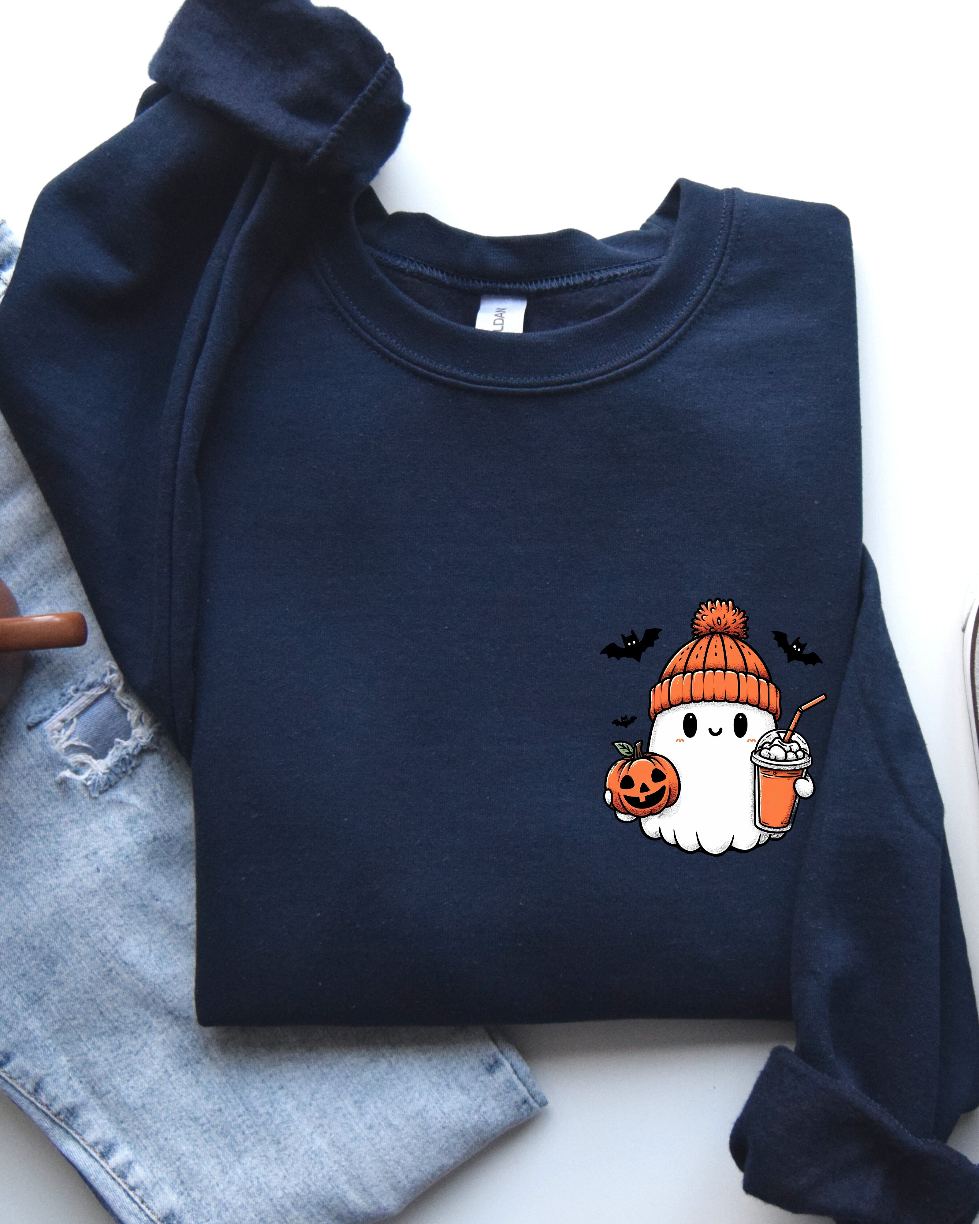 Cute Orange Ghost Pocket Print Halloween Coffee Bats Cozy Nights Adventure Cozy Autumn Spooky Mood Sweatshirt