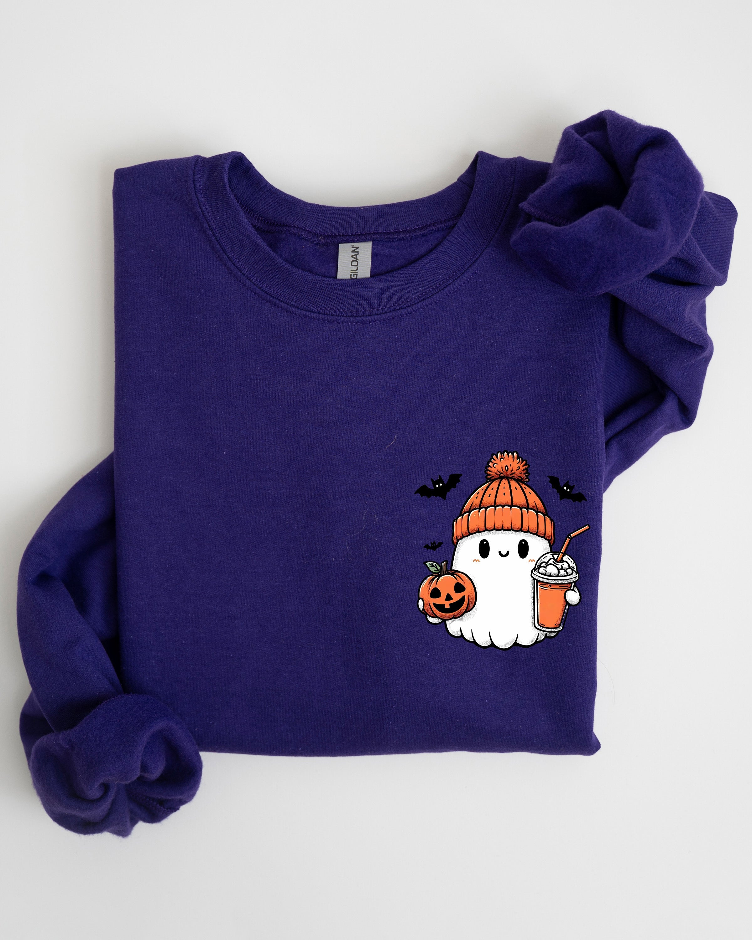 Cute Orange Ghost Pocket Print Halloween Coffee Bats Cozy Nights Adventure Cozy Autumn Spooky Mood Sweatshirt