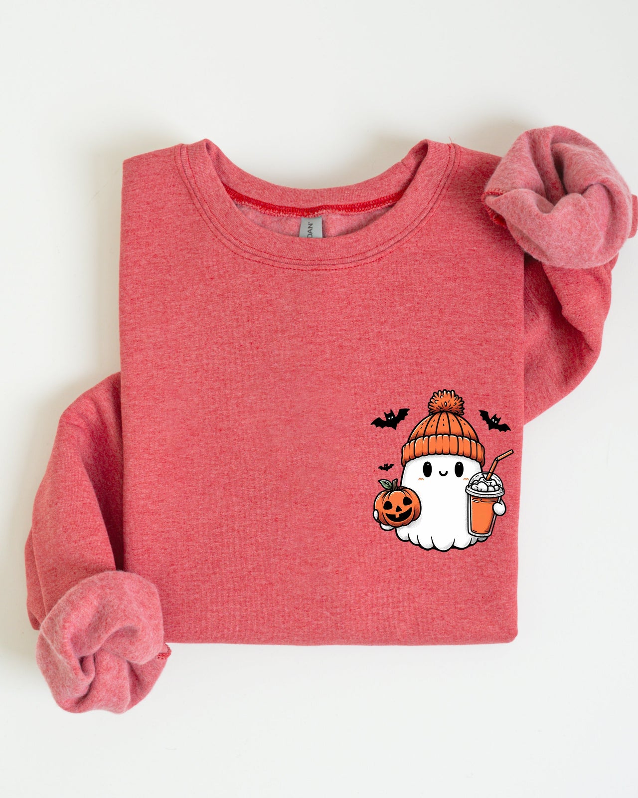 Cute Orange Ghost Pocket Print Halloween Coffee Bats Cozy Nights Adventure Cozy Autumn Spooky Mood Sweatshirt